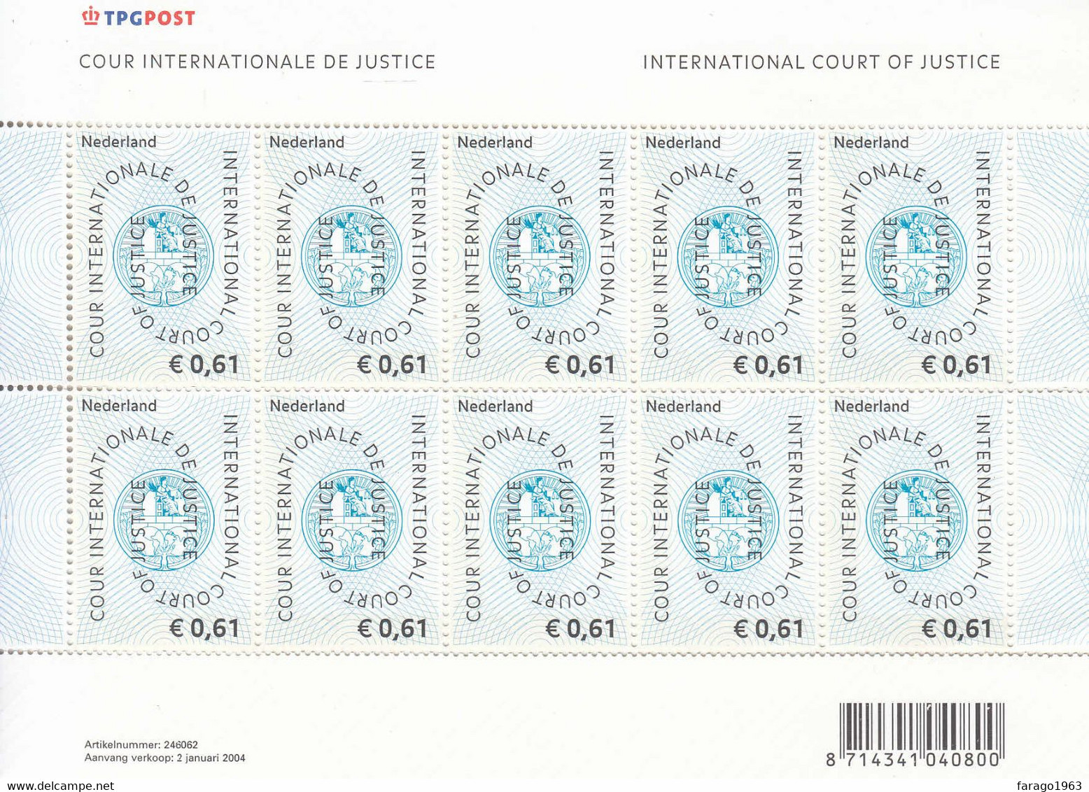 2004 Netherlands 61c International Court Of Justice Hague Law Legal Miniature Sheet Of 10  MNH @ BELOW FACE VALUE - Dienstzegels