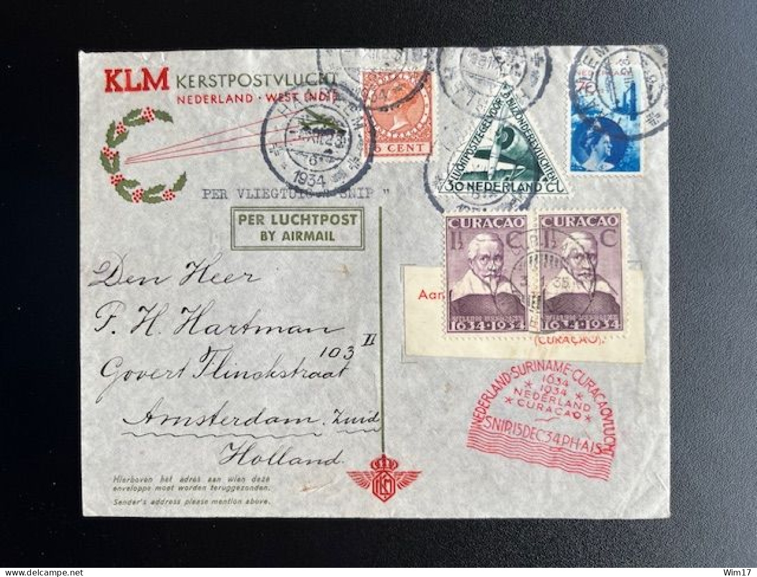 DUTCH ANTILLES CURACAO 1934 AIR MAIL LETTER HAARLEM TO CURACAO 01-12-1934 NEDERLANDSE ANTILLEN KERSTPOSTVLUCHT SNIP - Curazao, Antillas Holandesas, Aruba