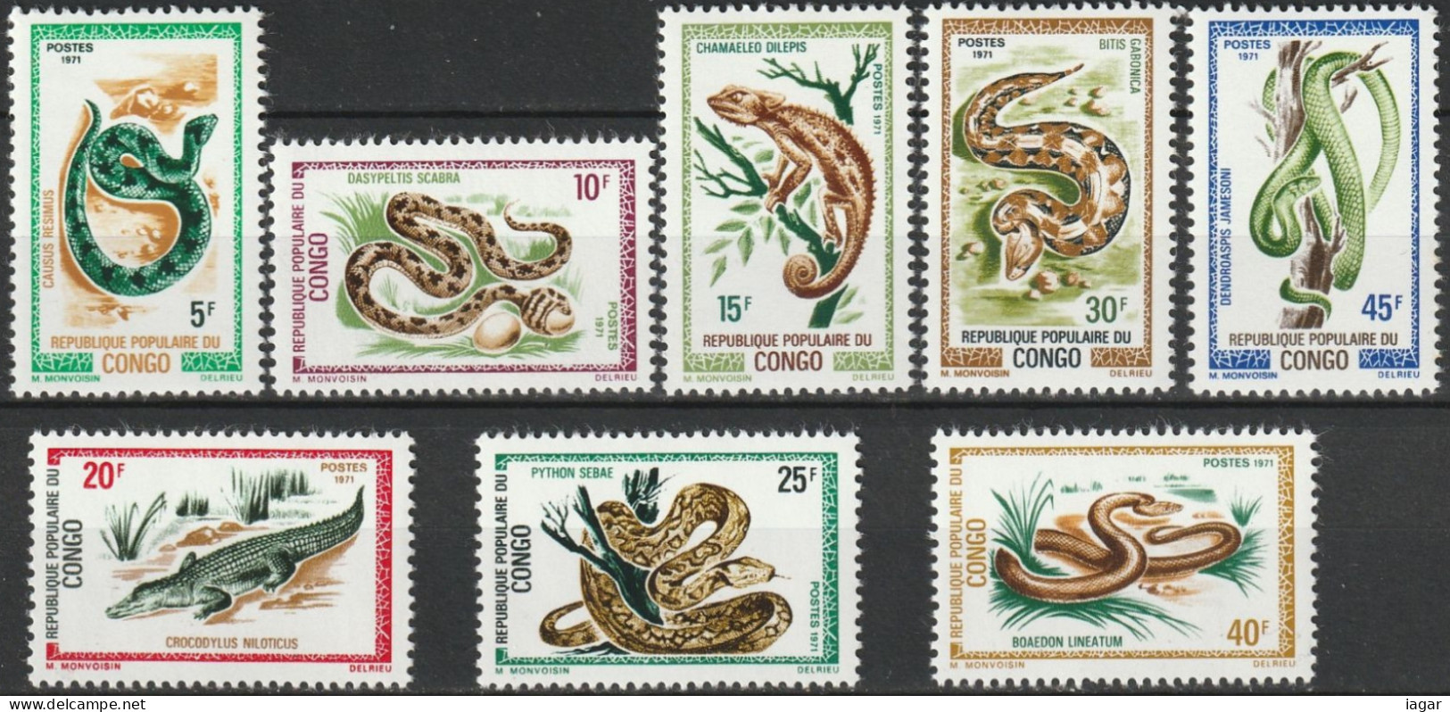 THEMATIC FAUNA: REPTILES AND SNAKES.  CAUSUS, CHAMAELEO DILEPIS, CROCODYLUS, PYTHON SEBAE, BITIS  ETC    8v   -  CONGO - Schlangen