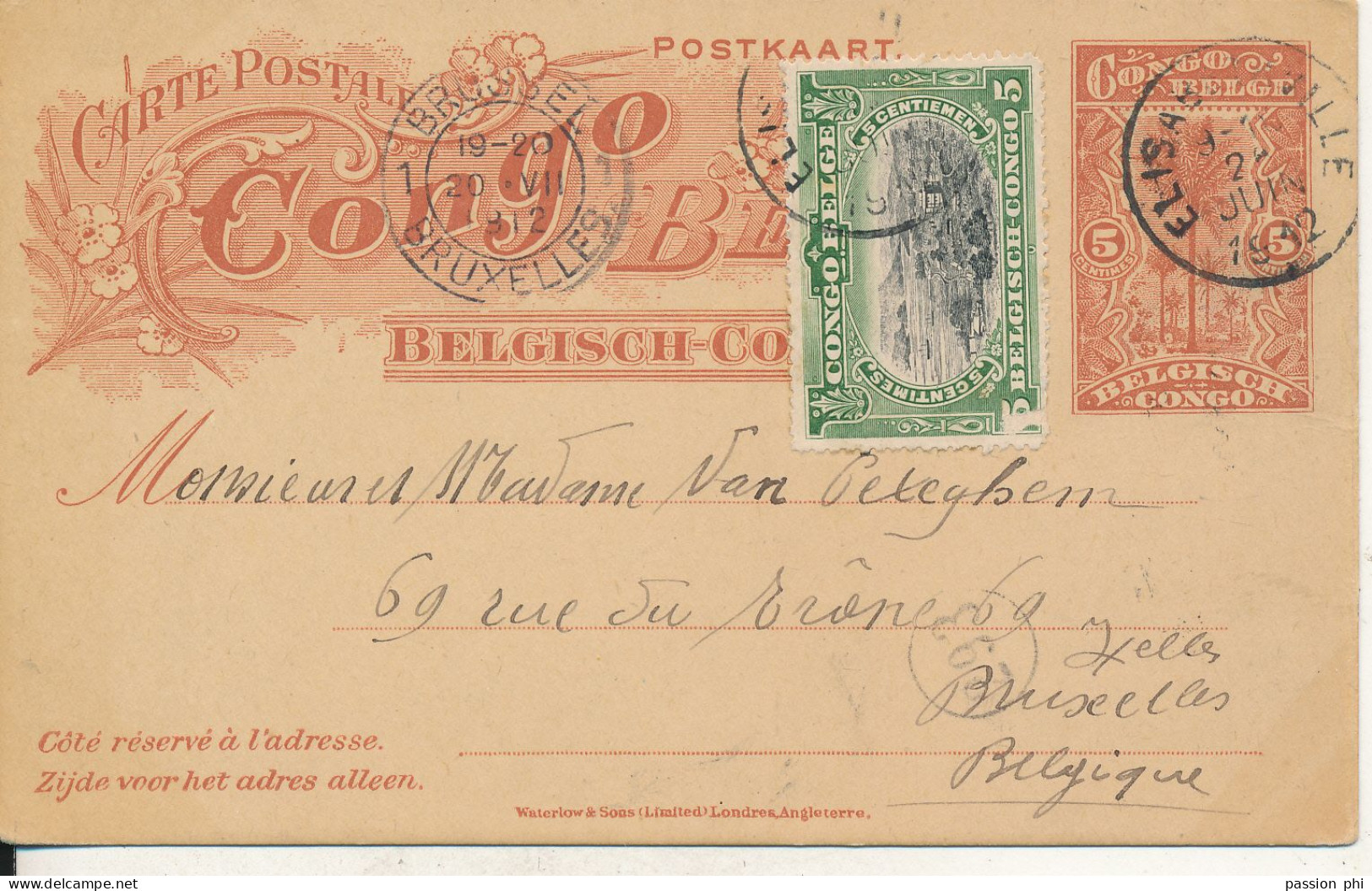 BELGIAN CONGO  PS SBEP 36 FROM E/VILLE 25.06.1912 TO BRUSSELS - Enteros Postales