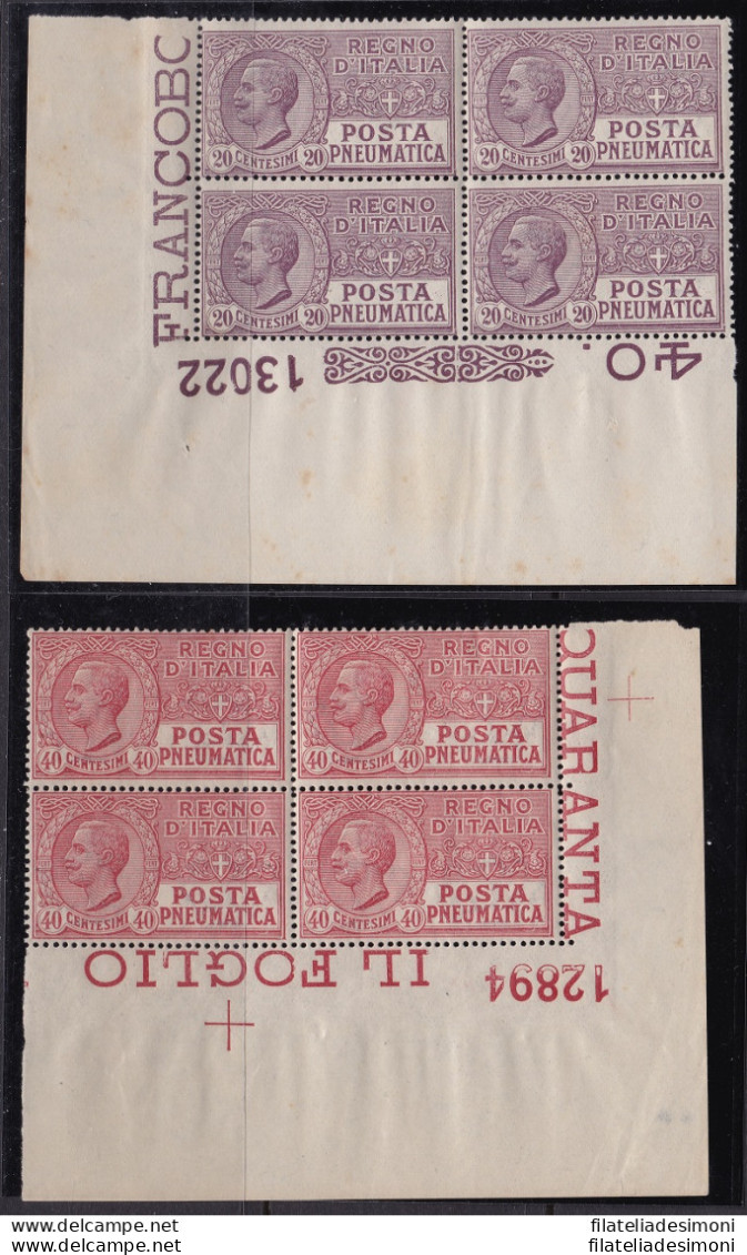 1925 Regno Di Italia, Posta Pneumatica 8/9 MNH/** BLOCCHI CON NUMERI DI TAVOLA, OTTIMA QUALITA' - Sonstige & Ohne Zuordnung