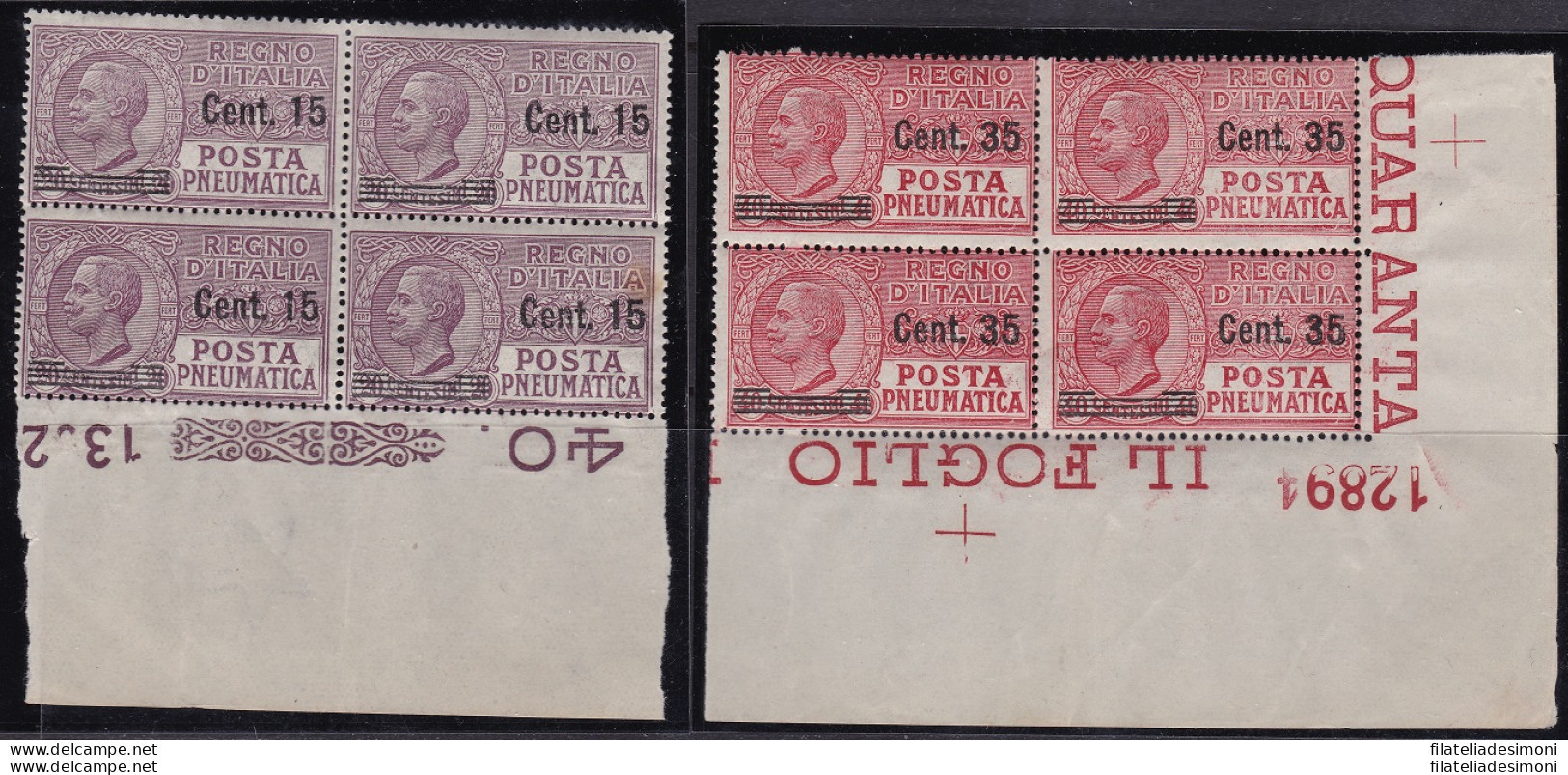 1927 Regno Di Italia, Posta Pneumatica 10/11 MNH/** BLOCCHI CON NUMERI DI TAVOLA - Altri & Non Classificati