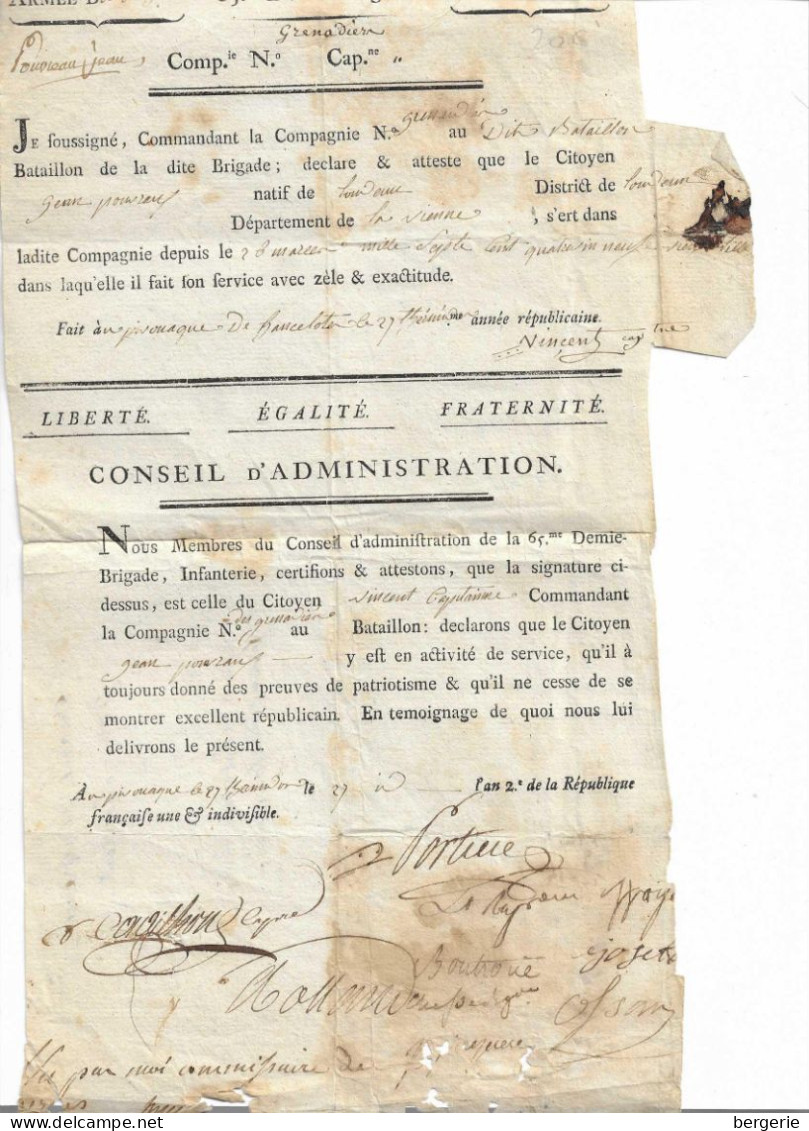 VP/ 07   -  Militaria   -  Certificat De Bonne Conduite Et De Bravoure   -  Fait Le 28.... 1789 - L'an 2* - Ohne Zuordnung