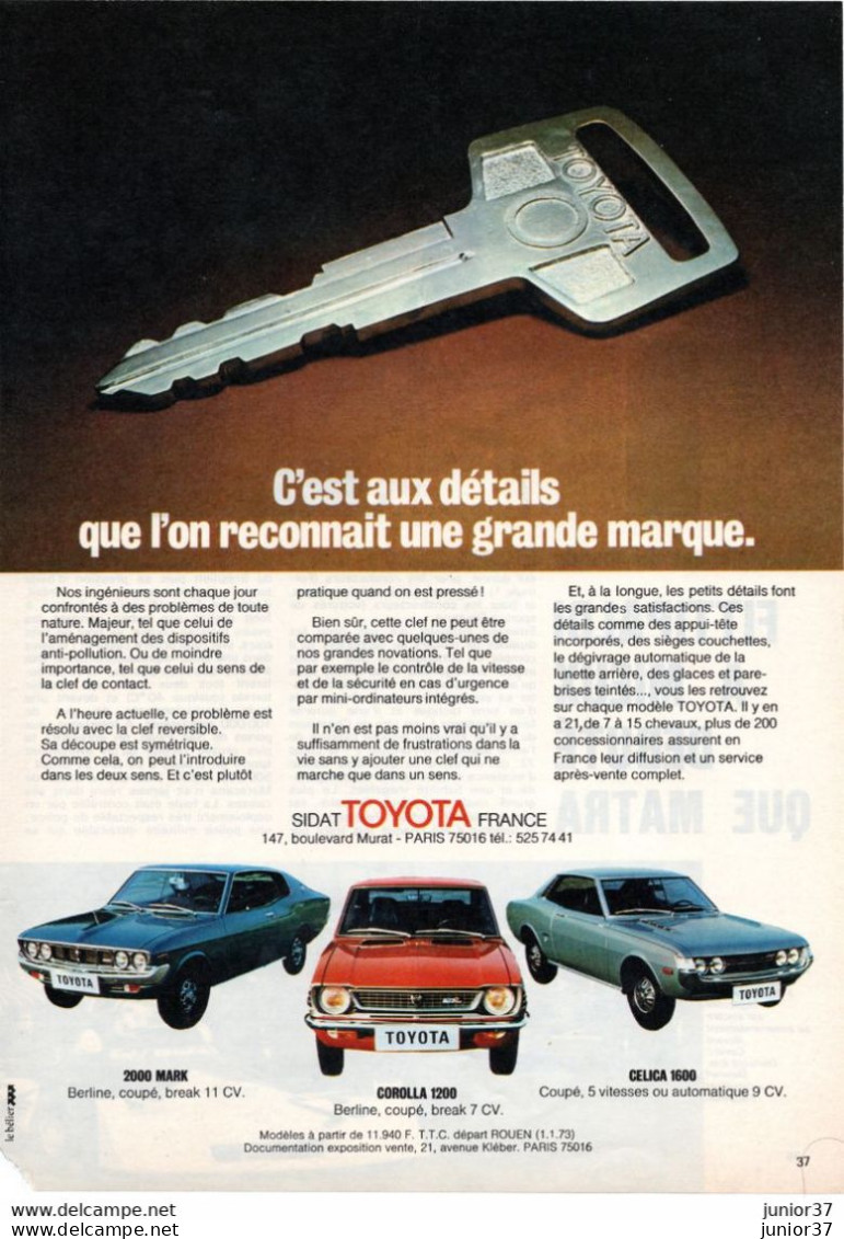 3 Feuillets  De Magazine Toyota 2000 Mark, Corolla 1200, Celica 1600 1973, Celica 1600 Coupé 1973, Corona 1800 MK 1 1975 - Automobili