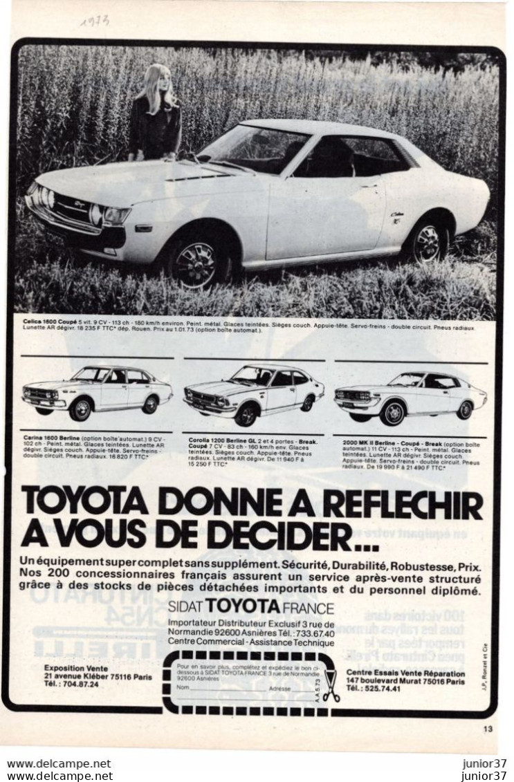 3 Feuillets  De Magazine Toyota 2000 Mark, Corolla 1200, Celica 1600 1973, Celica 1600 Coupé 1973, Corona 1800 MK 1 1975 - KFZ