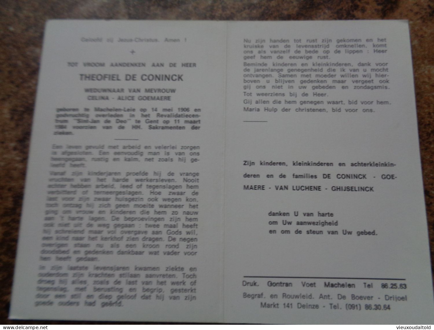 Doodsprentje/Bidprentje  THEOFIEL DE CONINCK   Machelen-Leie 1906-1984 Gent  (Wdr Celina-Alice GOEMAERE) - Godsdienst & Esoterisme