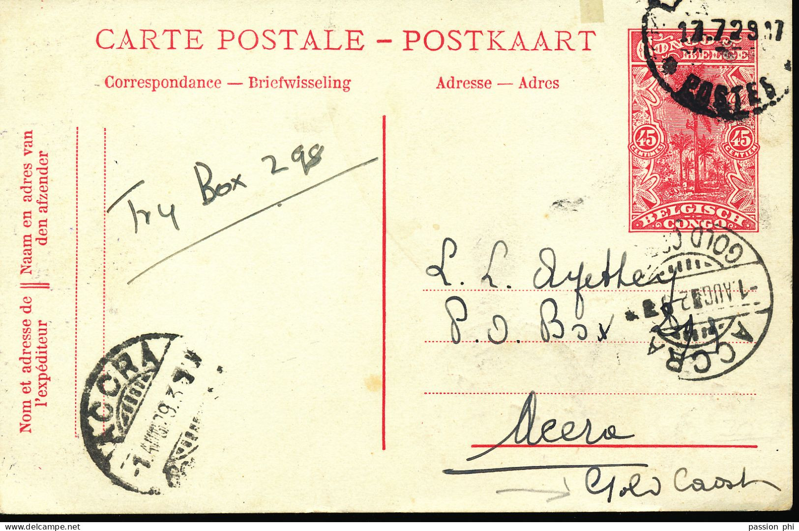 BELGIAN CONGO  PS SBEP 65 FROM LEO.1929 TO ACCRA GOLD COAST CURIOSITY FRANKING ON THE BACK - Ganzsachen