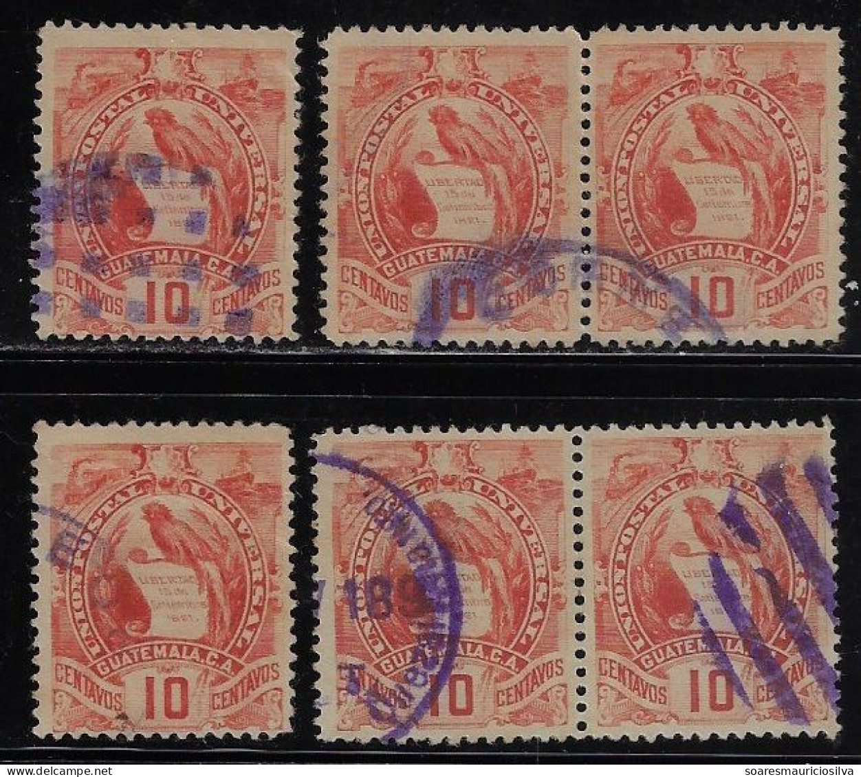 Guatemala 1886/1891 2 Stamp + 2 Pair Of Stamps Quetzal Train Ship 10 Cents Date Cancel + Mute Fancy Postmark - Guatemala