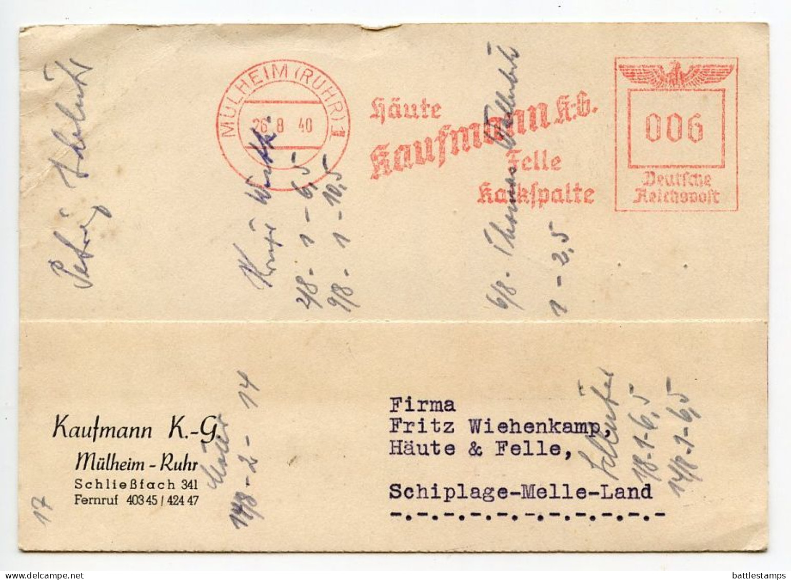 Germany 1940 Postcard; Mülheim (Ruhr) - Kaufmann K.-G. To Schiplage; 6pf. Meter With Slogan - Macchine Per Obliterare (EMA)