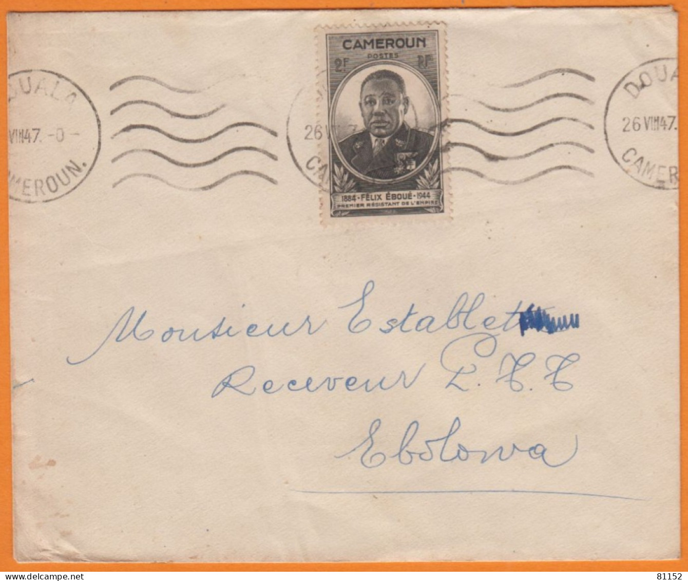 Cameroun  Félix Eboué   12F Noir  Y.et.T.274   SEUL Sur Lettre De DOUALA  Le 26 VIII 47 Pour EBOLOWA Cameroun - Lettres & Documents