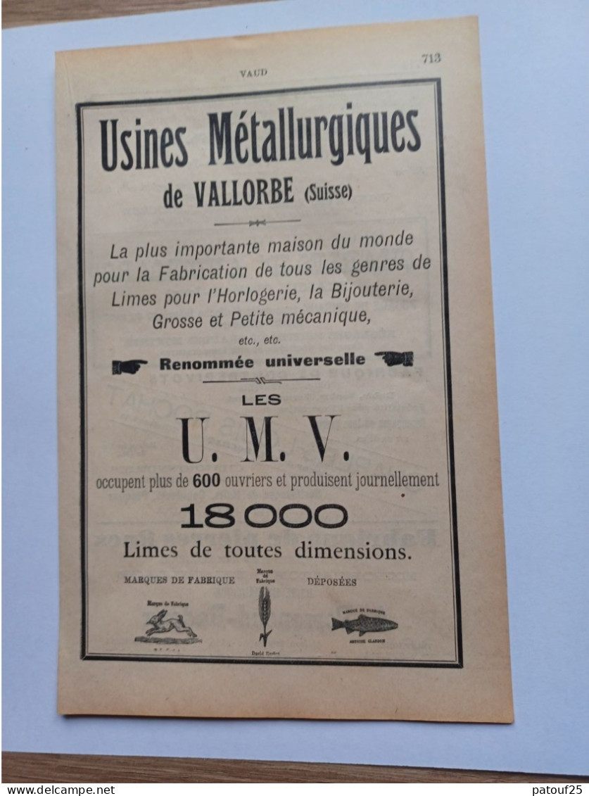 Ancienne Publicité Horlogerie USINES METALLURGIQUES DE VALLORBE Suisse 1914 - Suiza
