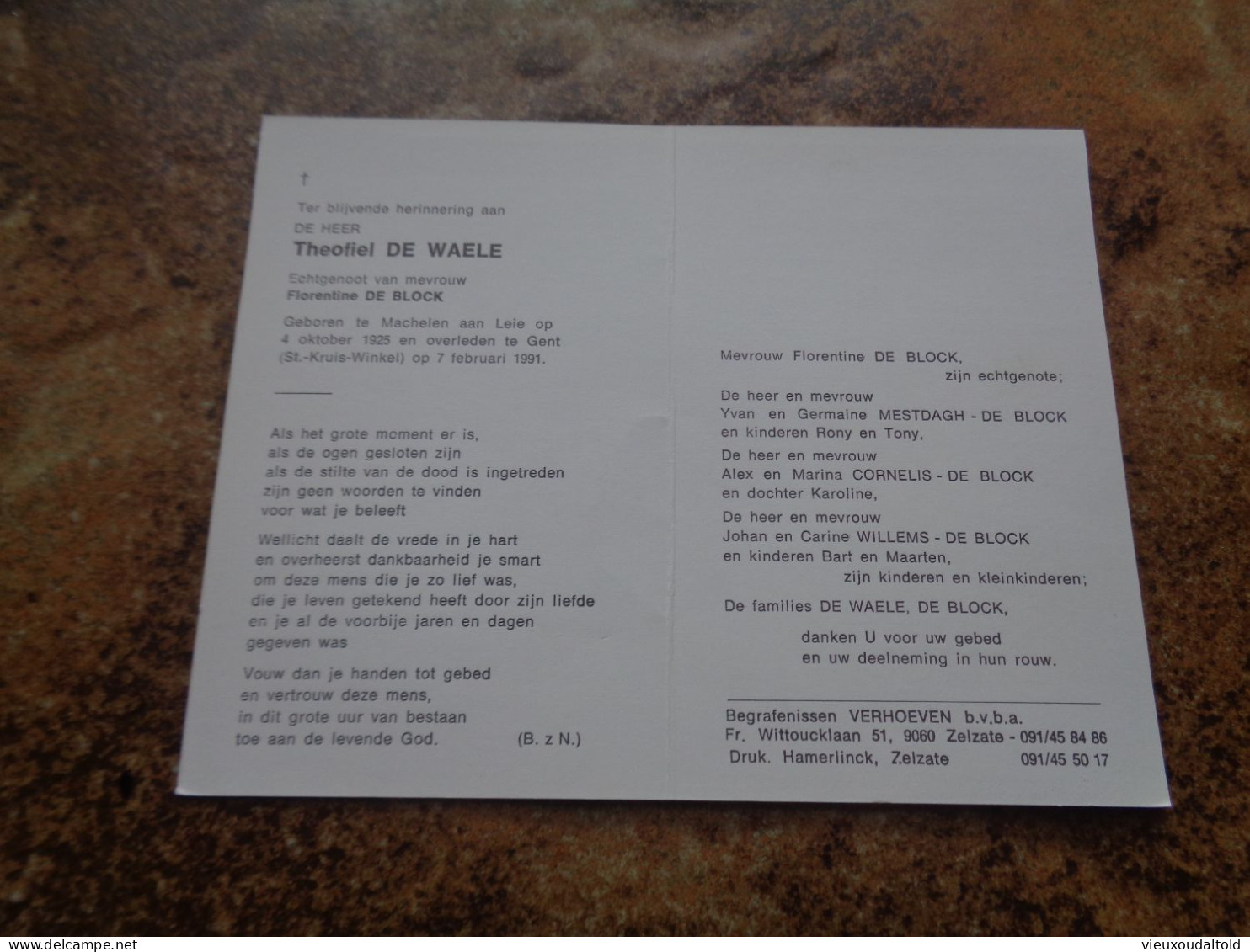 Doodsprentje/Bidprentje   Theofiel DE WAELE   Machelen/Leie 1925-1991 Gent (St.Kr.Winkel)  (Echtg Florentine DE BLOCK) - Godsdienst & Esoterisme
