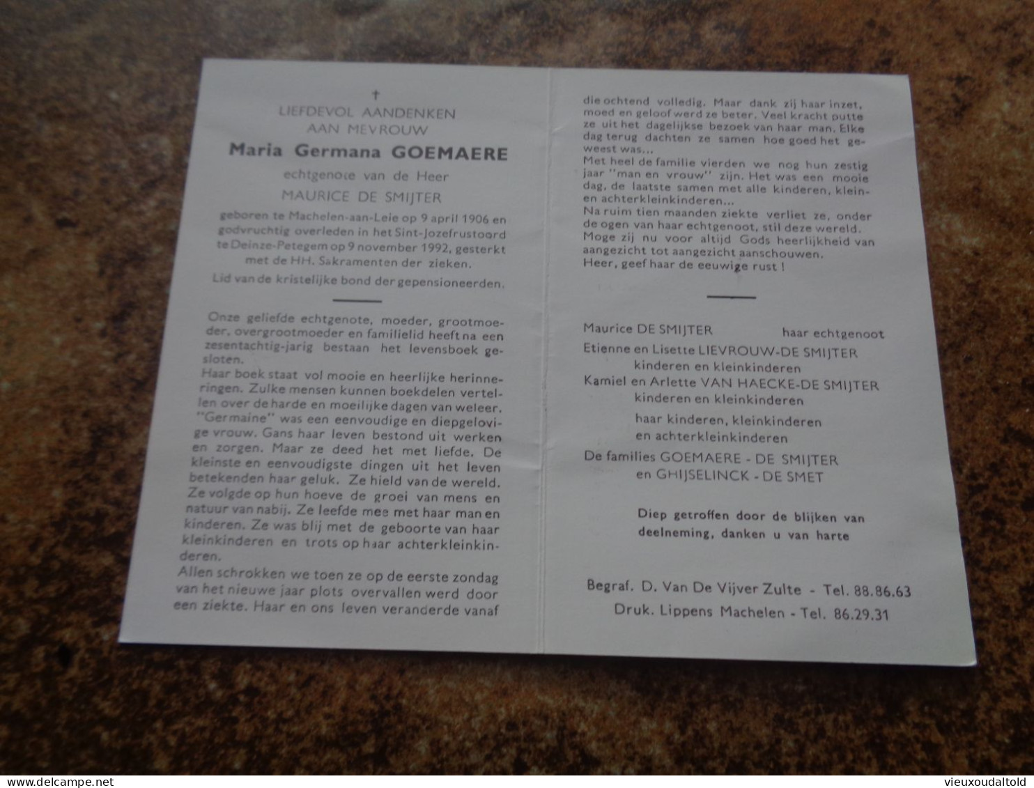 Doodsprentje/Bidprentje   Maria Germana GOEMAERE   Machelen/Leie 1906-1992 Deinze-Petegem  (Echtg Maurice DE SMIJTER) - Godsdienst & Esoterisme
