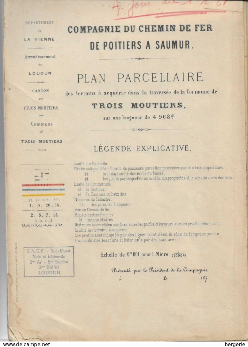 VP/ 09  Plan Parcellaire Compagnie Du Chemin De Fer  Poitiers A Saumur - Terrains à Acquérir Commune Des Trois Moutiers - Travaux Publics