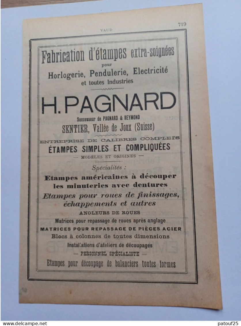 Ancienne Publicité Horlogerie H PAGNARD LE SENTIER VALL2E DE JOUX Suisse 1914 - Schweiz