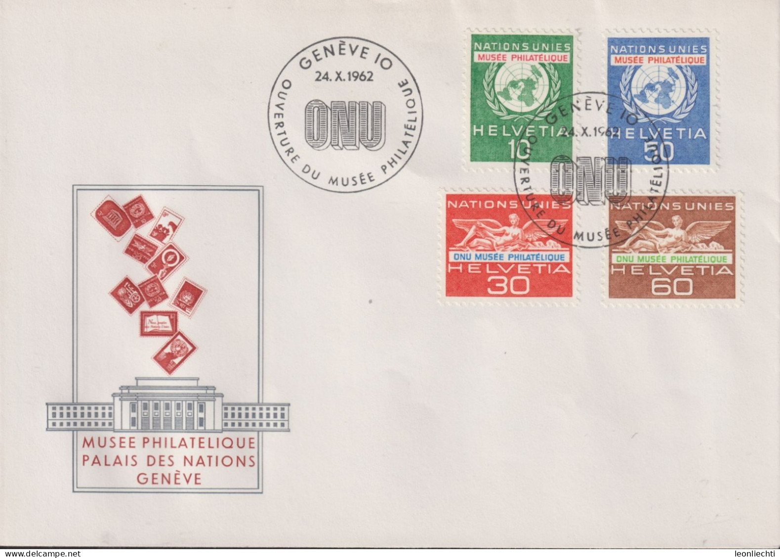 1962 Schweiz FDC, ONU, Zum:ONU 34-37, Mi:ONU 34-37,ⵙ GENÈVE OUVERTURE DU MUSÉE PHILATÉLIQUE - Lettres & Documents