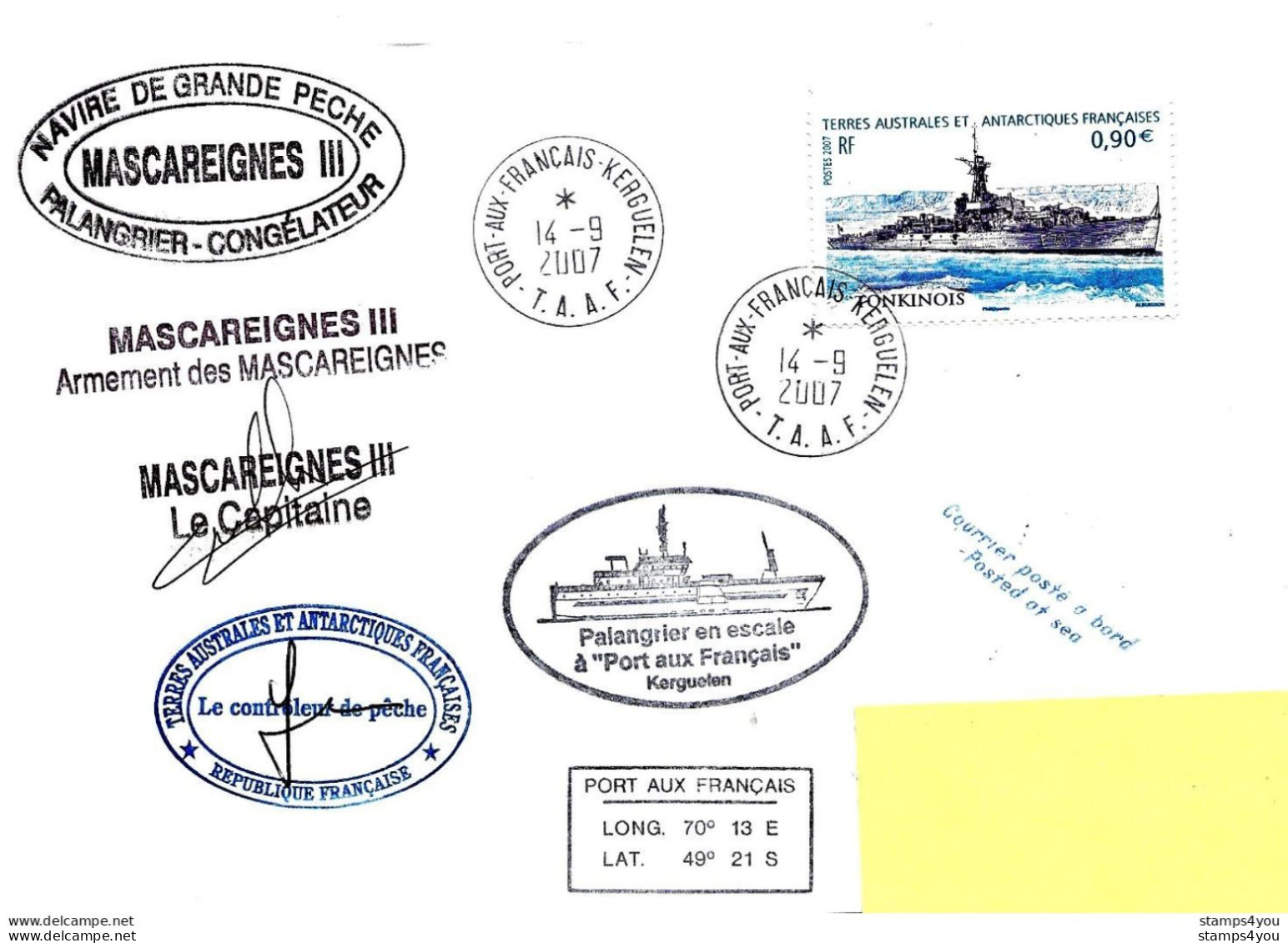 PO - 42 - Enveloppe TAAF Navire "Mascareignes III" Escale Kerguelen 2007 - Cachets Et Signatures - Navires & Brise-glace