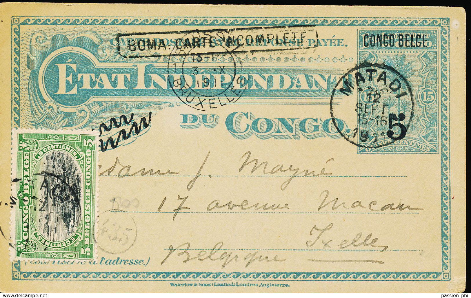 BELGIAN CONGO  PS SBEP 31 TT ANSWER "BOMA CARTE INCOMPLETE" FROM MATADI 12.09.1911 TO IXELLES - Entiers Postaux