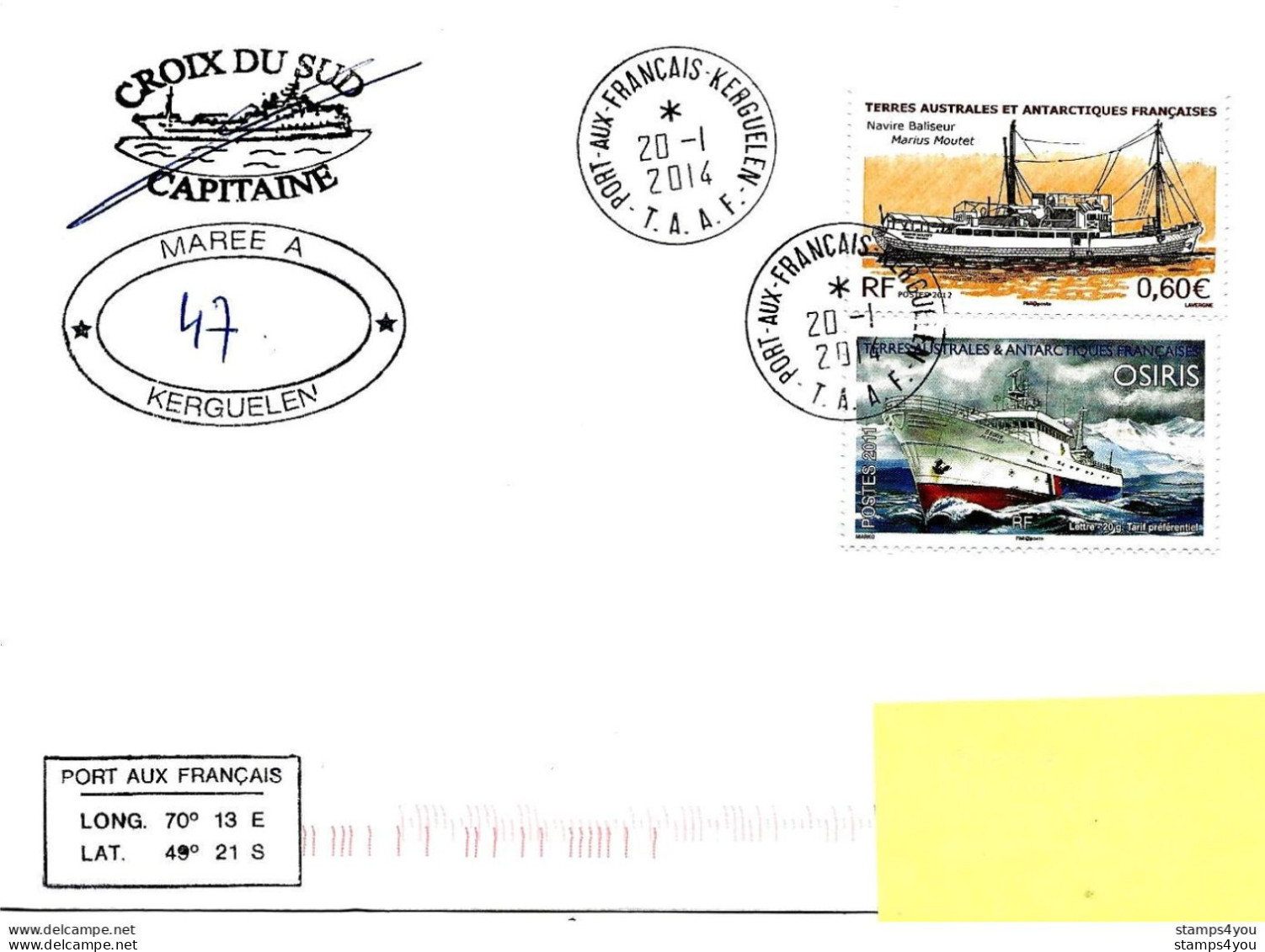 PO - 41 - Enveloppe TAAF Navire "Croix Du Sud" Escale Kerguelen 2014 - Navi Polari E Rompighiaccio