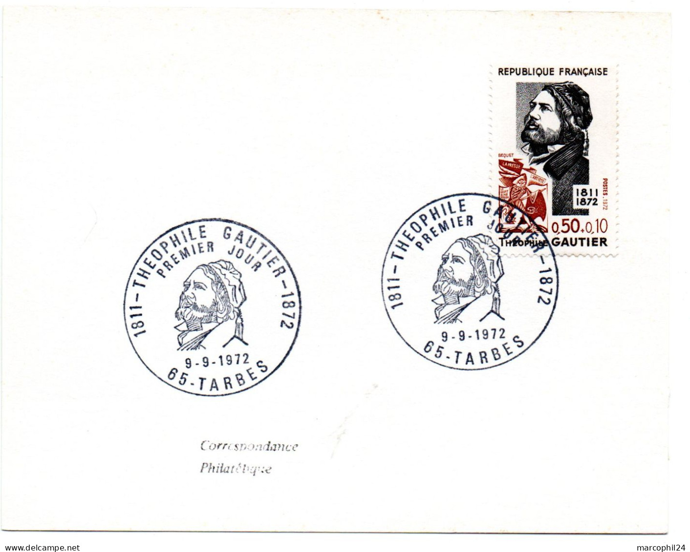 ECRIVAIN / Théophile GAUTIER = 65 TARBES = CACHET PREMIER JOUR Illustré + N° 1728 Sur CARTE BLANCHE - Writers