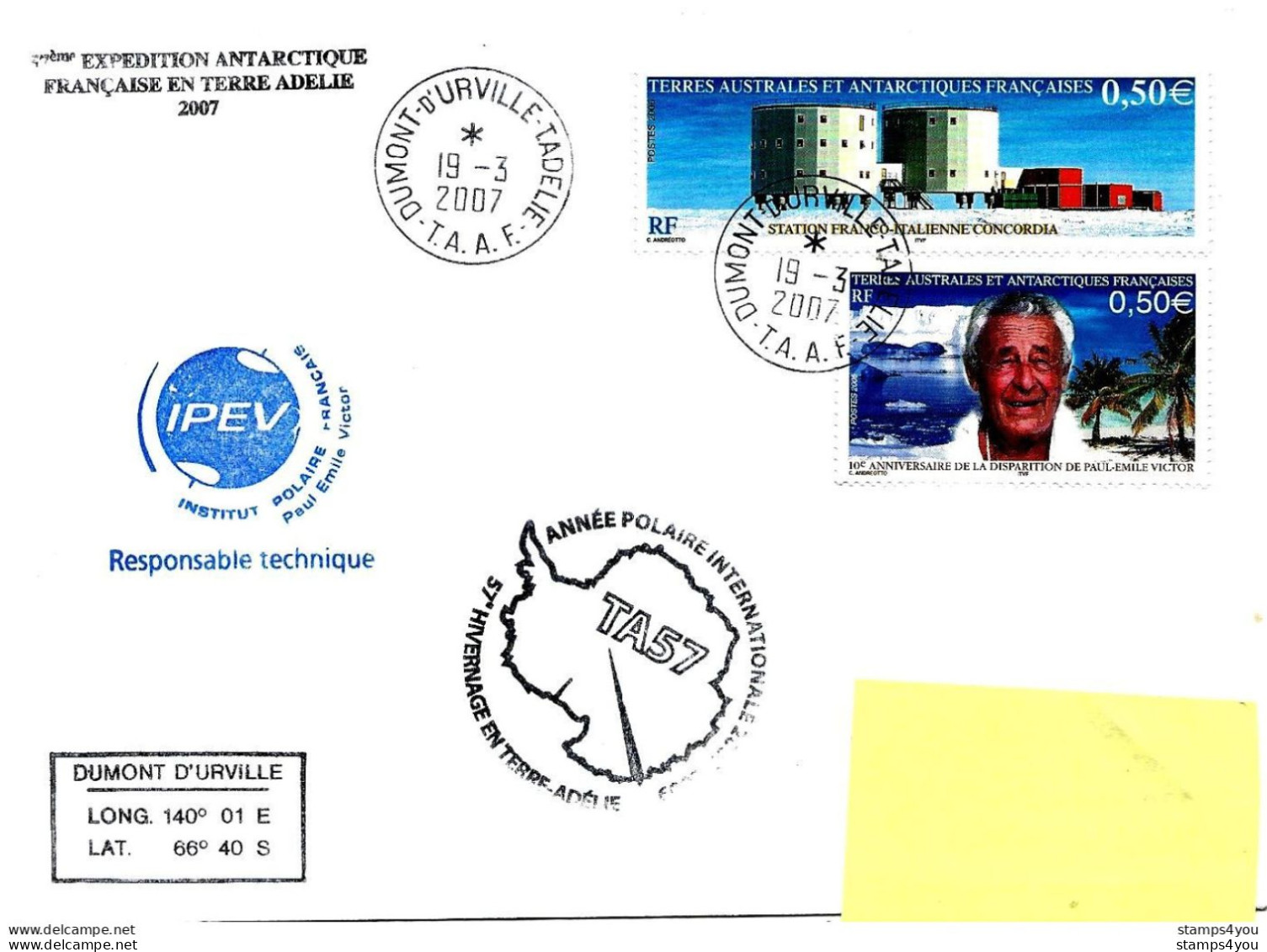 PO - 37 - Enveloppe TAAFTerre Adélie - Cachet Illustré TA57 - 2007 - Bases Antarctiques