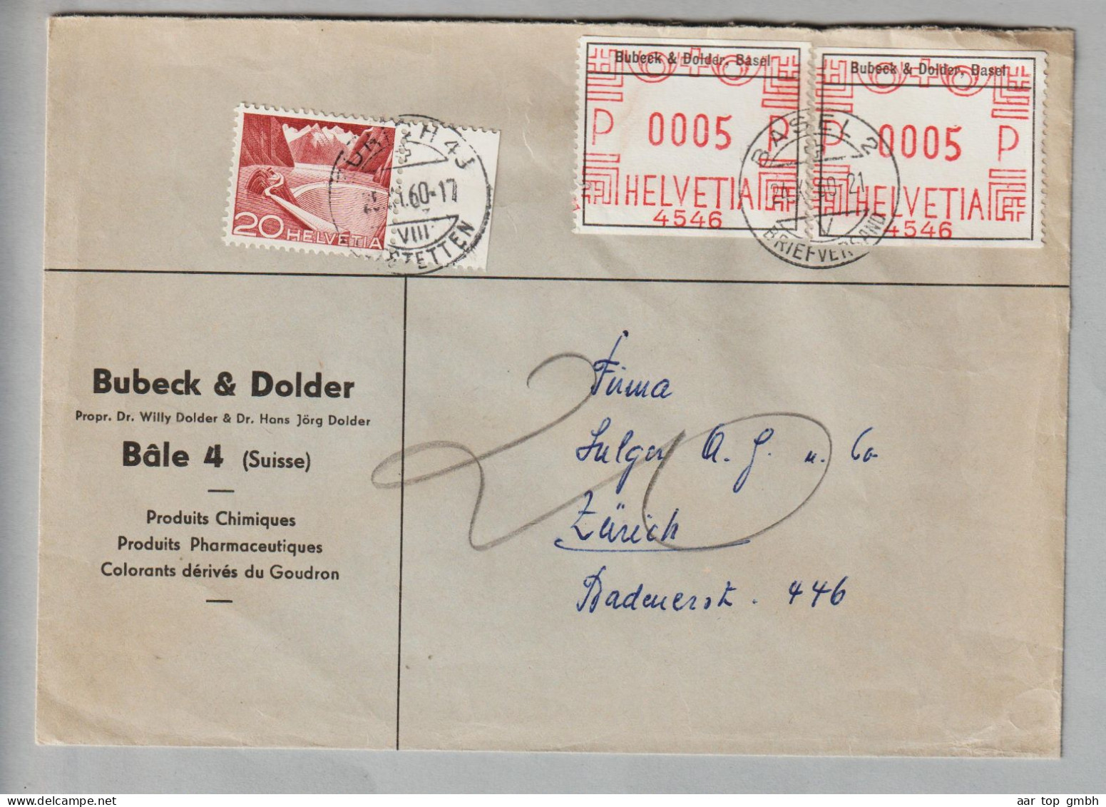 Motiv Chemie 1960-11-24 Basel Taxierter Brief 20Rp. N.Zürich M.Firmenaufdruck Etikette Firmenfreist. 2x5Rp.Bubeck&Dolder - Factories & Industries