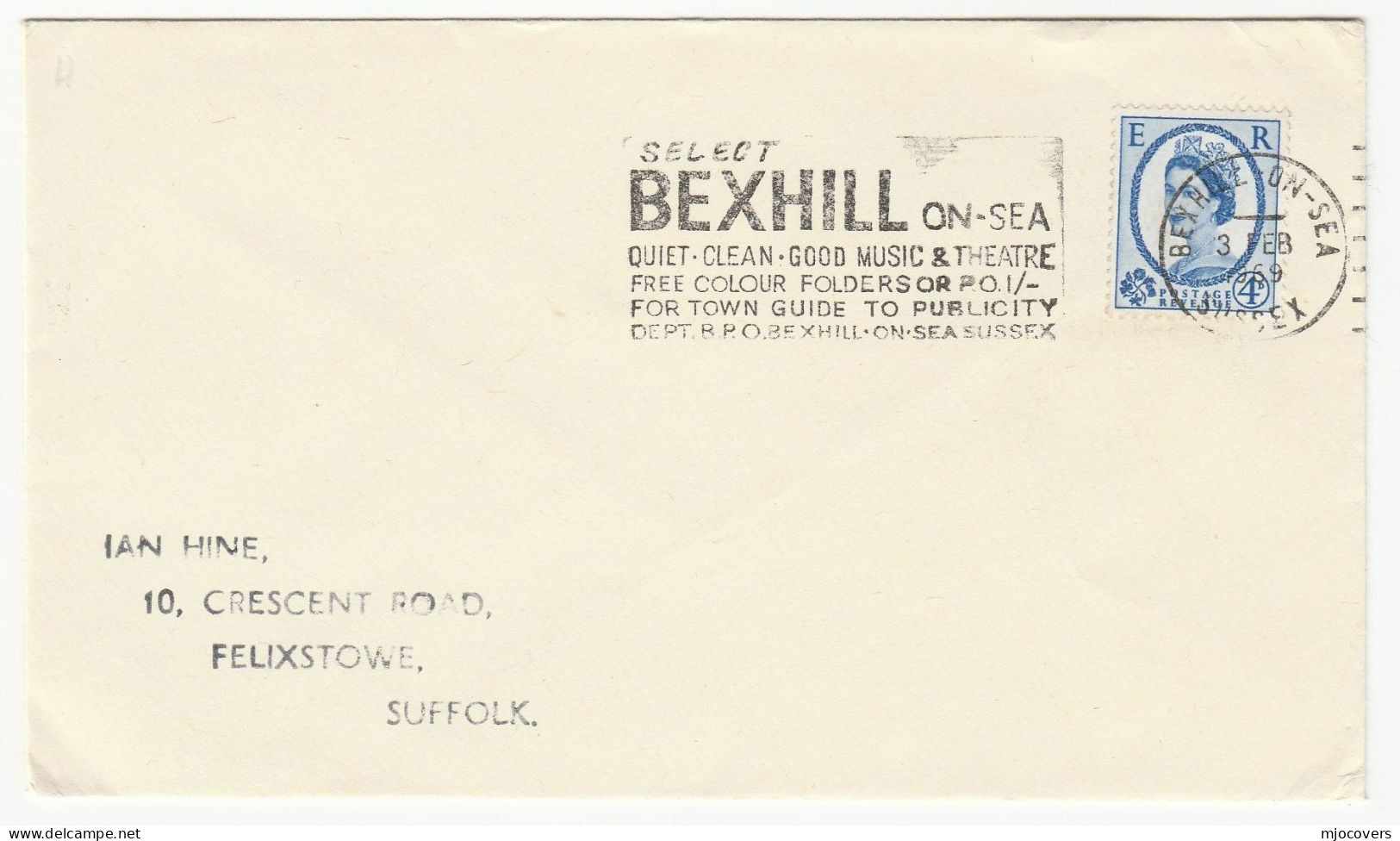 1969  Bexhill On Sea GB COVER SLOGAN Pmk SELECT BEXHILL GOOD MUSIC THEATRE ,QUIET, CLEAN , Stamps - Covers & Documents