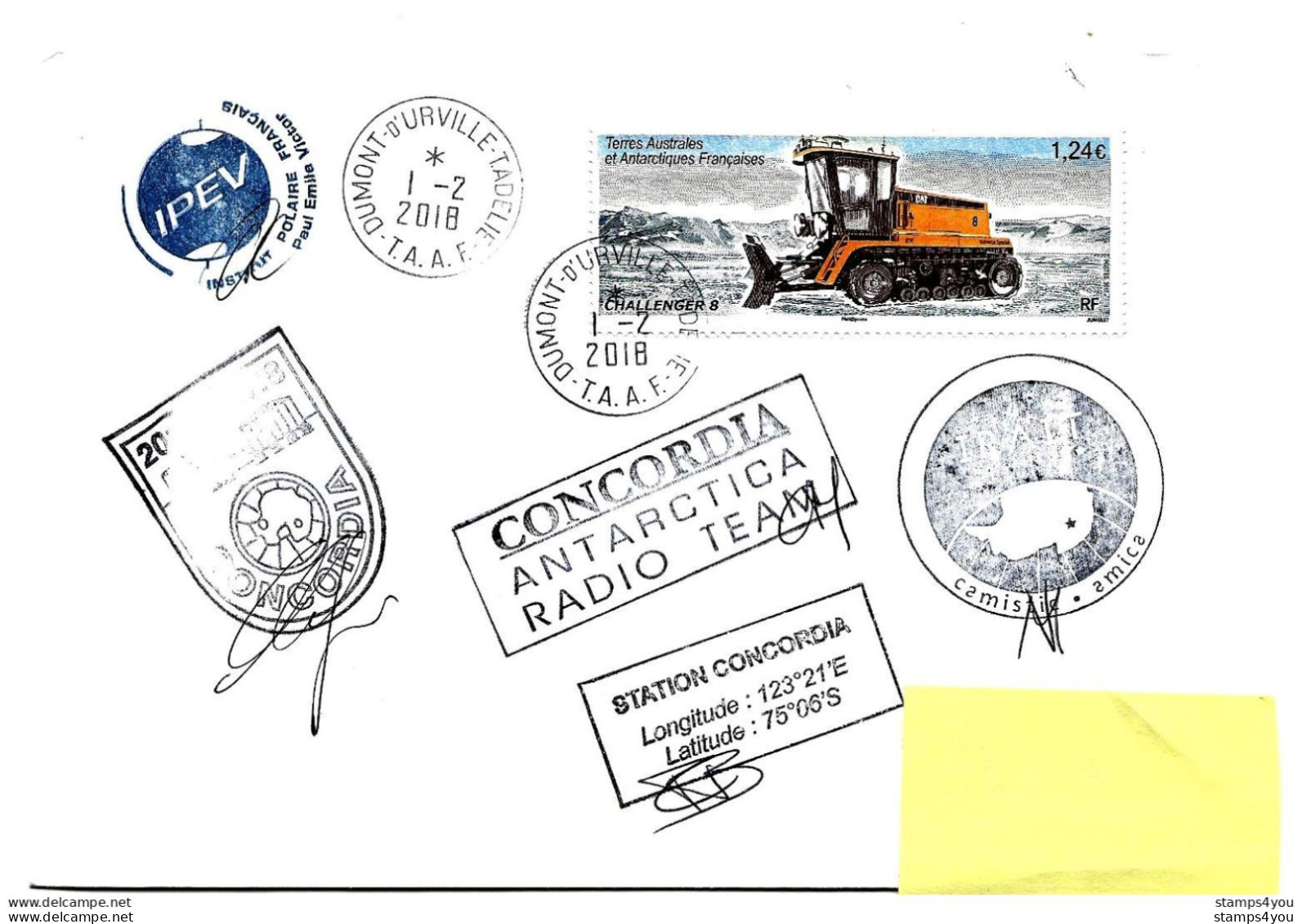 PO - 16 - Enveloppe TAAF Station Franco-italienne Concordia 2018 - Cachets Illustrés Et Signtures - Research Stations