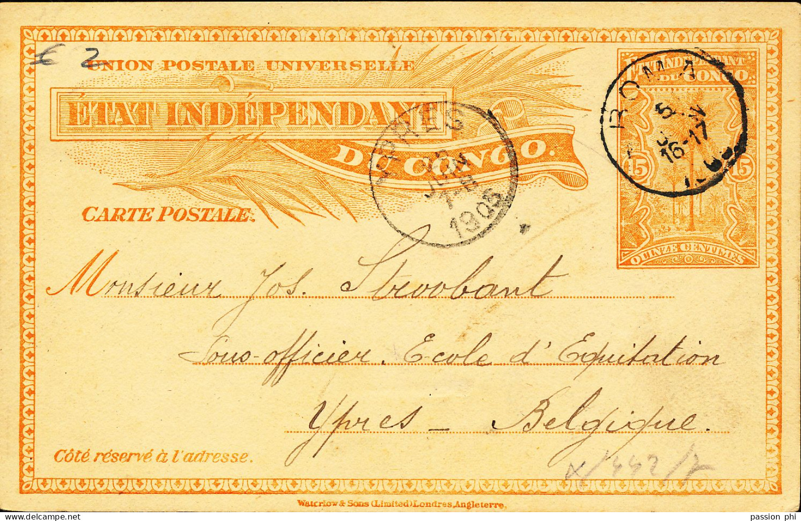 BELGIAN CONGO  PS SBEP 15 USED FRM BOMA 05.06.1905 TO YPRES - Enteros Postales