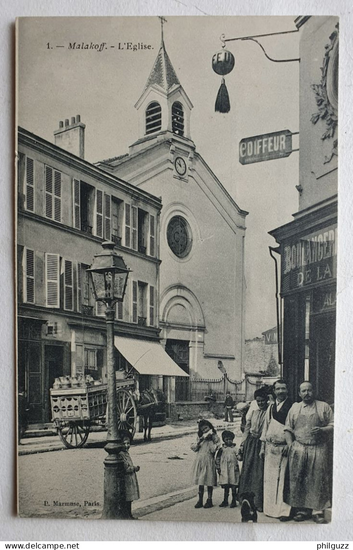 CARTE POSTALE CPA 92 MALAKOFF L'EGLISE P Marmuse 1 Boulangerie Coiffeur Chariot Laiterie - Malakoff