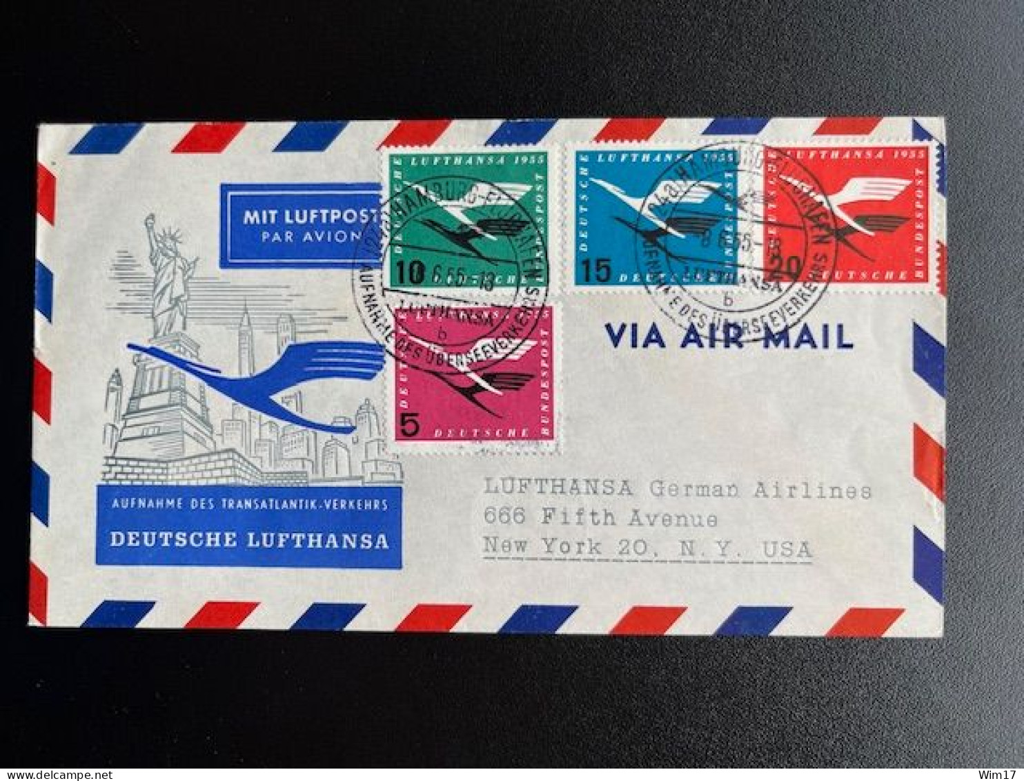 GERMANY 1955 FIRST FLIGHT COVER HAMBURG TO NEW YORK 08-06-1955 DUITSLAND DEUTSCHLAND - Storia Postale