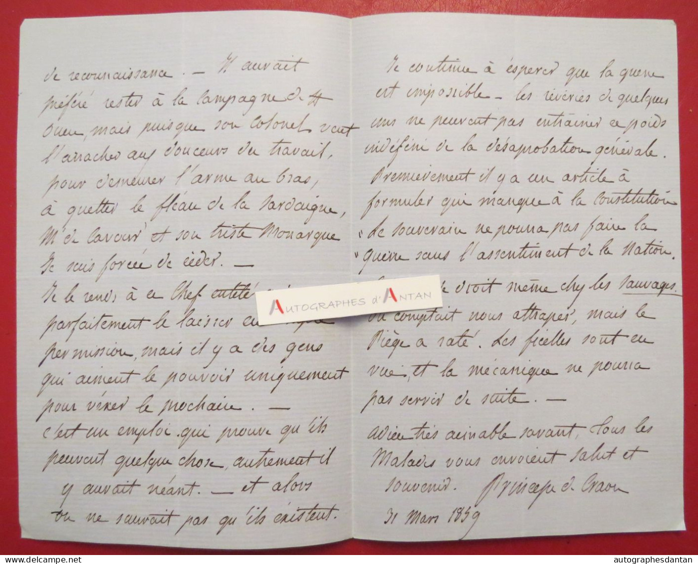 ● L.A.S 1839 Princesse De CRAON Au Poète Emile DESCHAMPS - Beau Texte - Guillermet - Guerre - Lettre Autographe - Sonstige & Ohne Zuordnung
