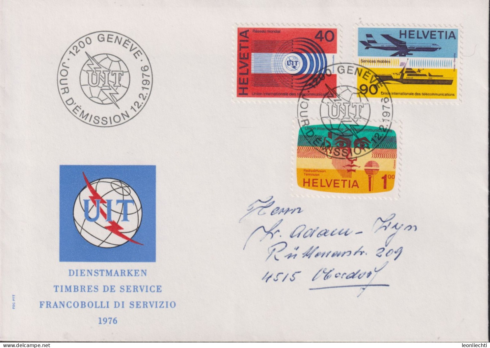 1976 Schweiz FDC, UIT, Zum:UIT 11-13, Mi:UIT 11-13,ⵙ1200 GENÈVE - Dienstmarken