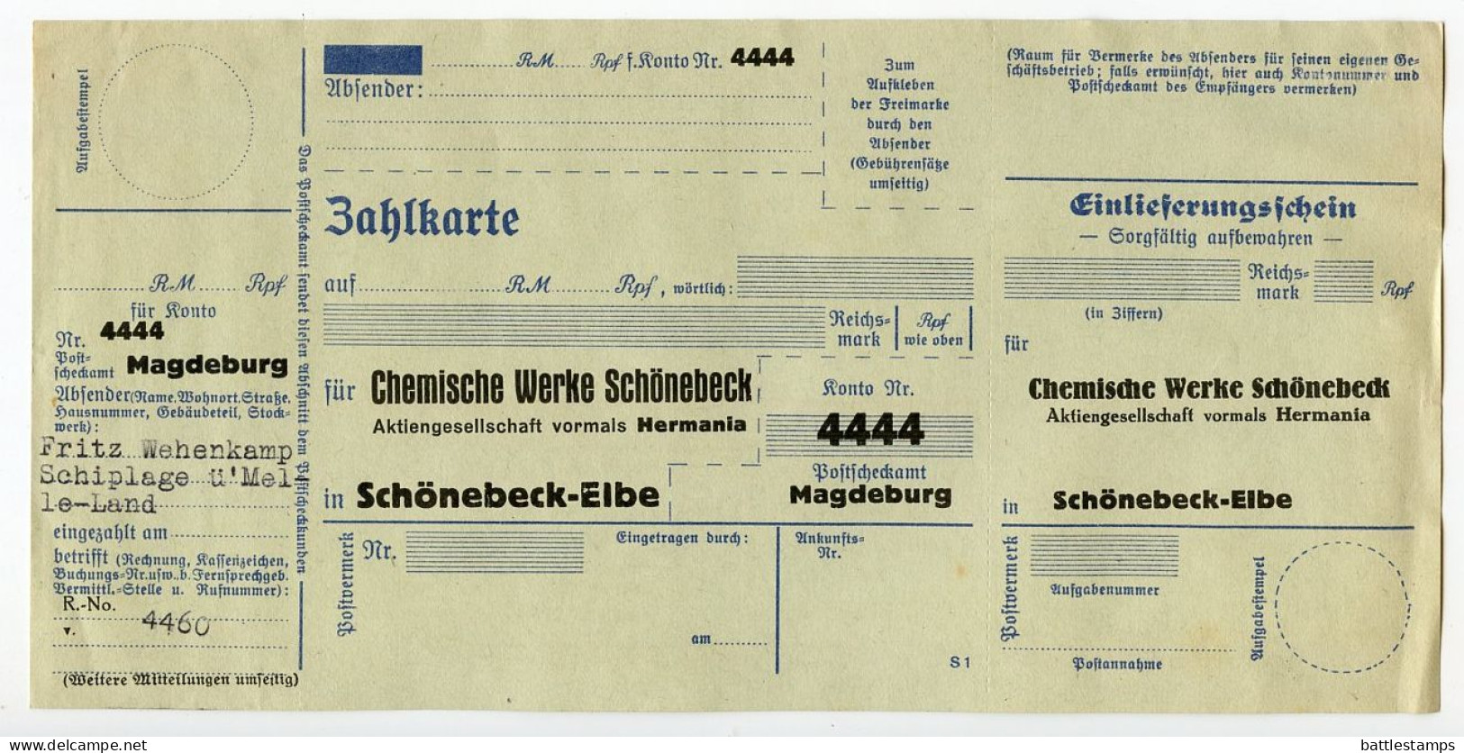 Germany 1938 Cover W/ Invoice & Zahlkarte; Schönebeck (Elbe), Chemische Werke Schönebeck; 8pf Meter W/ Slogan - Hermania - Máquinas Franqueo (EMA)