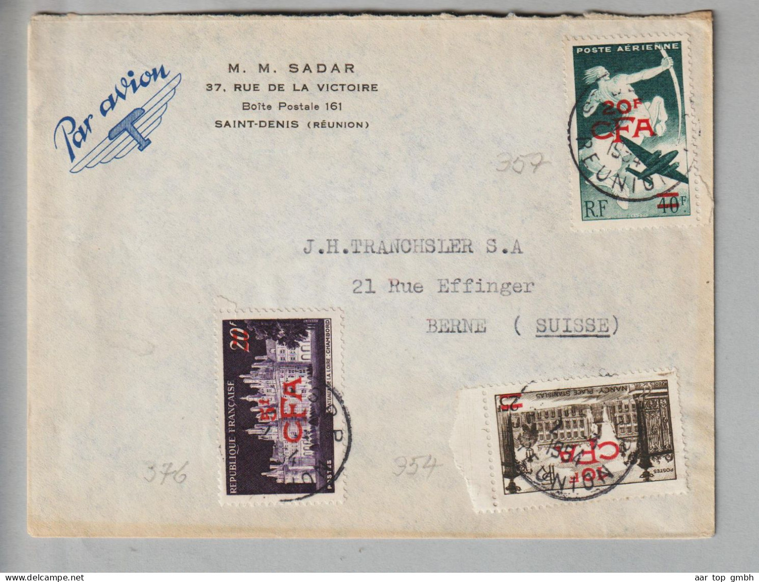 Afrika Réunion 1954-03-02 Flugpostbrief Nach Bern CH 35 CFA. - Storia Postale