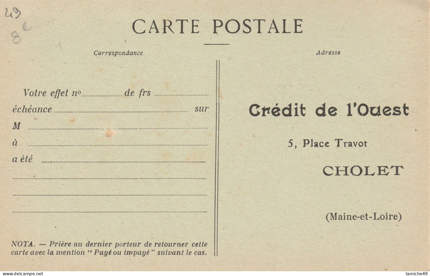 CHOLET Succursale Du Crédit De L'ouest Place Travot Banque Carte Publicitaire - Cholet