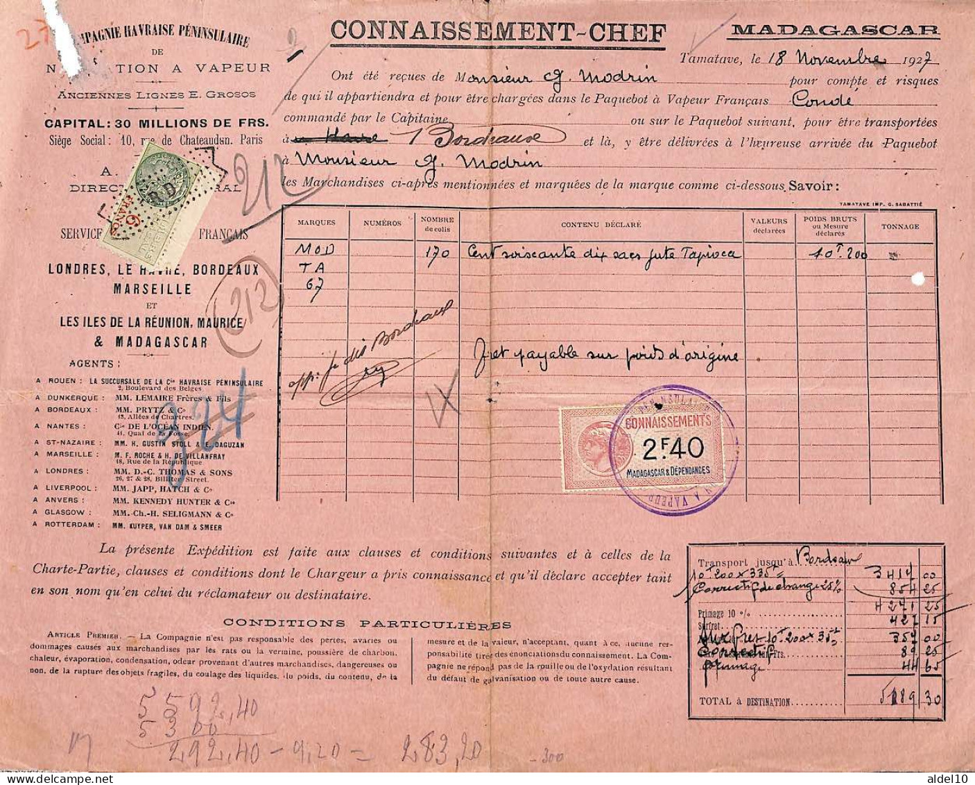 Connaissement Tamatave à Bordeaux 1927 Timbre Valeur 2 F 40 Et Fiscal 6 F De France - Other & Unclassified