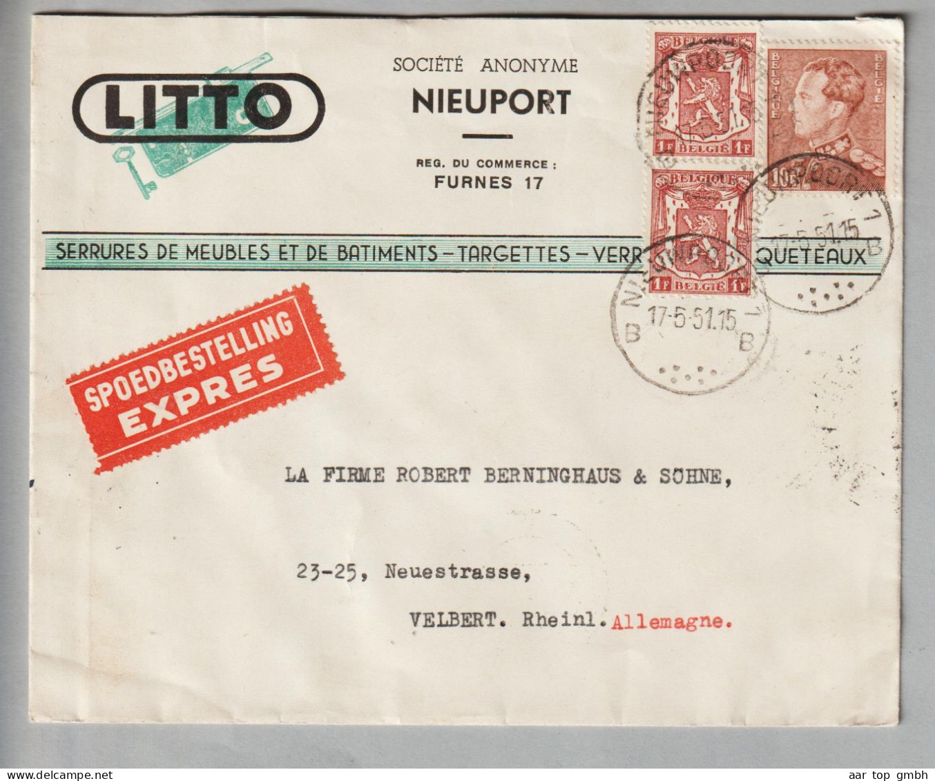 Belgien 1951-05-17 Nieuport Illustrierter Expressbrief Nach Velbert DE (12 BFR.) - Storia Postale