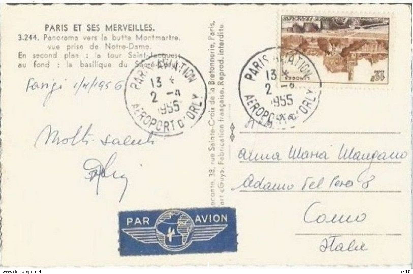 France Limoges F12 Seul Sur Carte Par Avion Paris  Aviation Orly 2apr1954 X Italie - 1927-1959 Cartas & Documentos