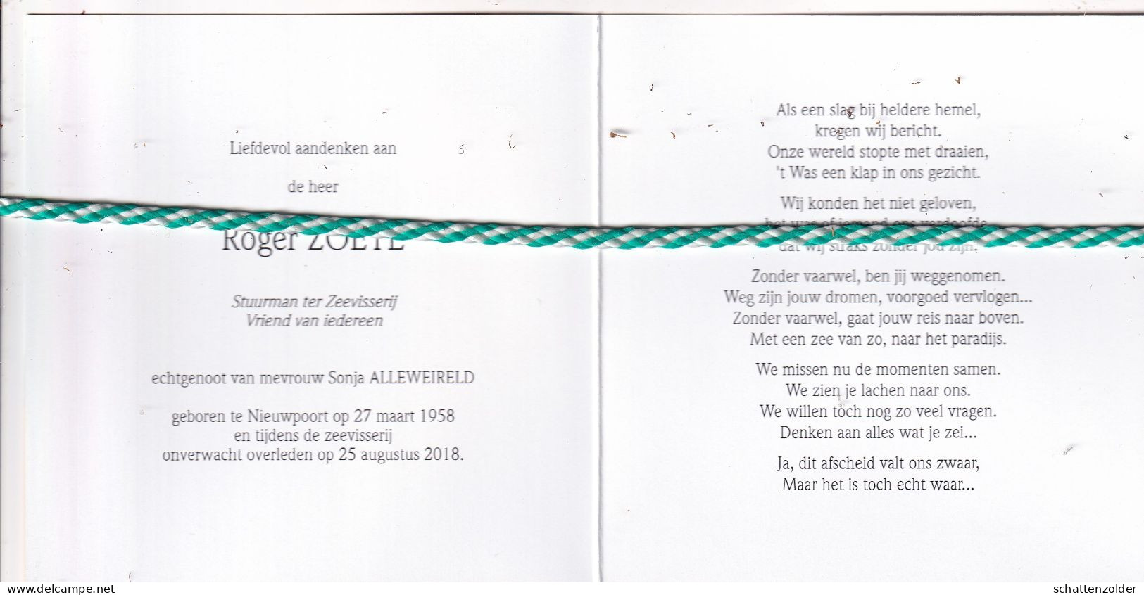 Roger Zoete-Alleweireld, Nieuwpoort 1958, Tijdens Zeevisserij 2018. Stuurman Ter Zeevisserij. Foto - Obituary Notices