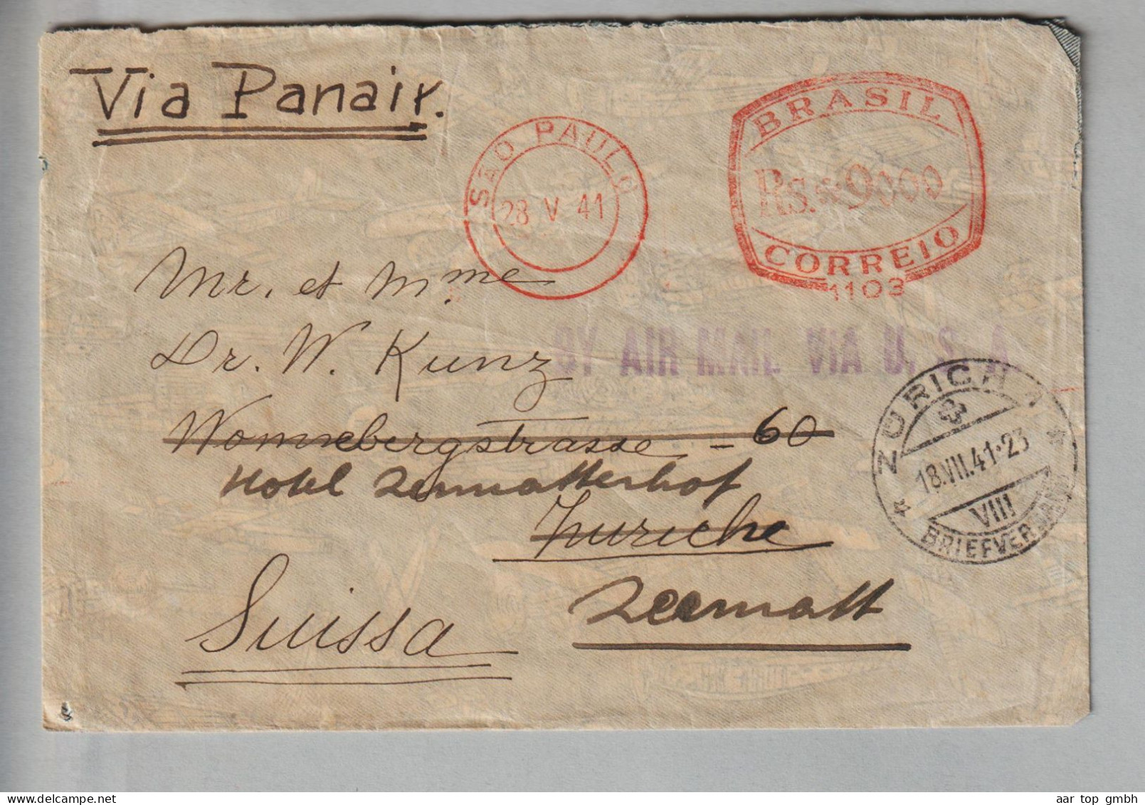 Brasilien 1941-05-28 Sap Paulo Brief Nach Zürich Weitergeleitet Nach Zermatt Freistempel 9000RS - Storia Postale