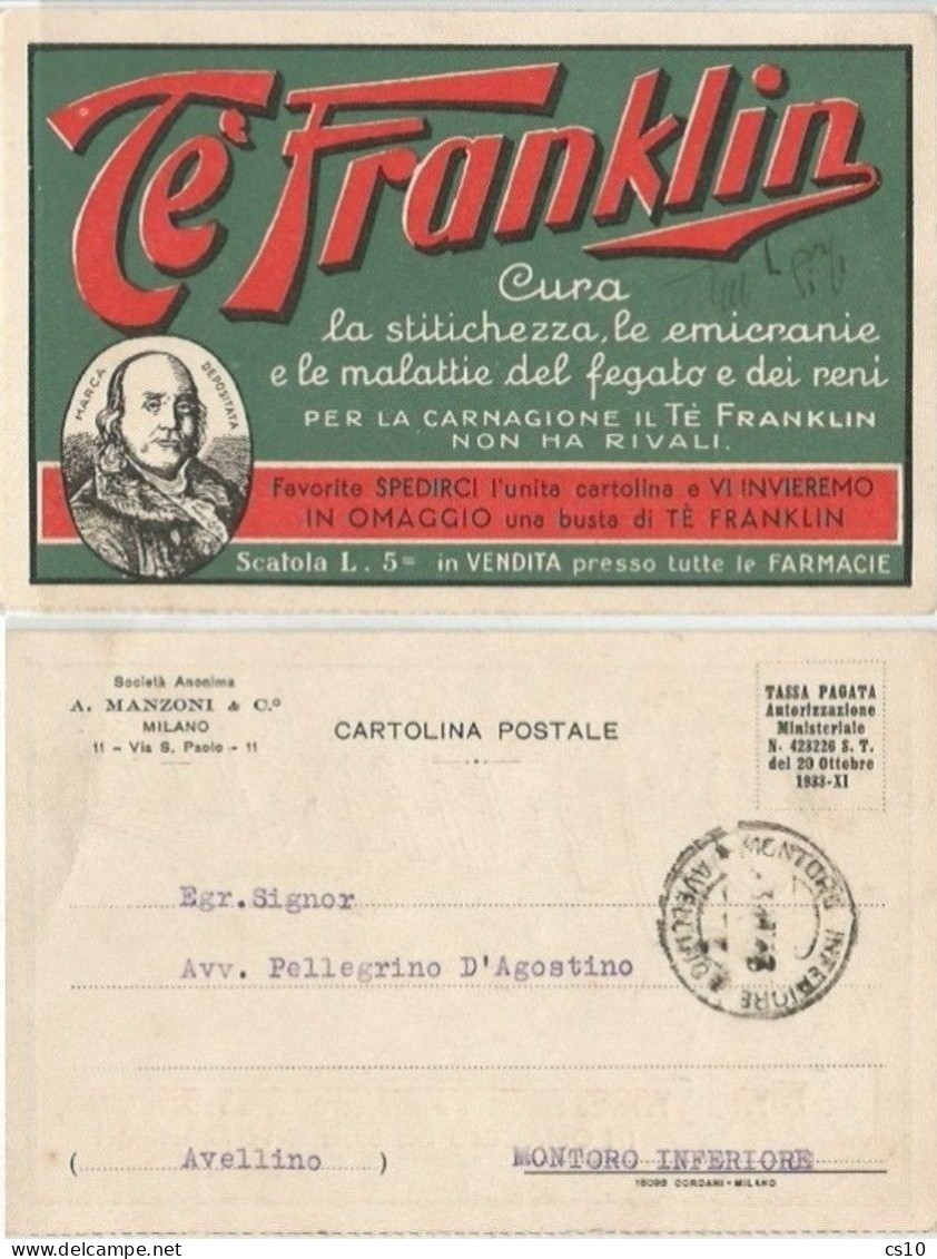 Franklin Té The Tea - Nice Figurated Prepaid ADV Card Milano To Avellino 3feb1934 - Publicité