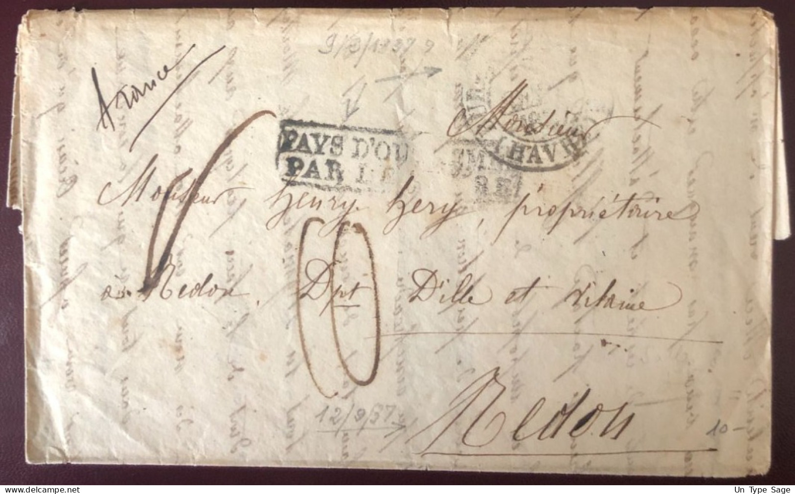 France, Griffe PAYS D'OUTREMER PAR LE HAVRE Sur Lettre Pour La France 9.9.1837 - (C118) - Maritime Post