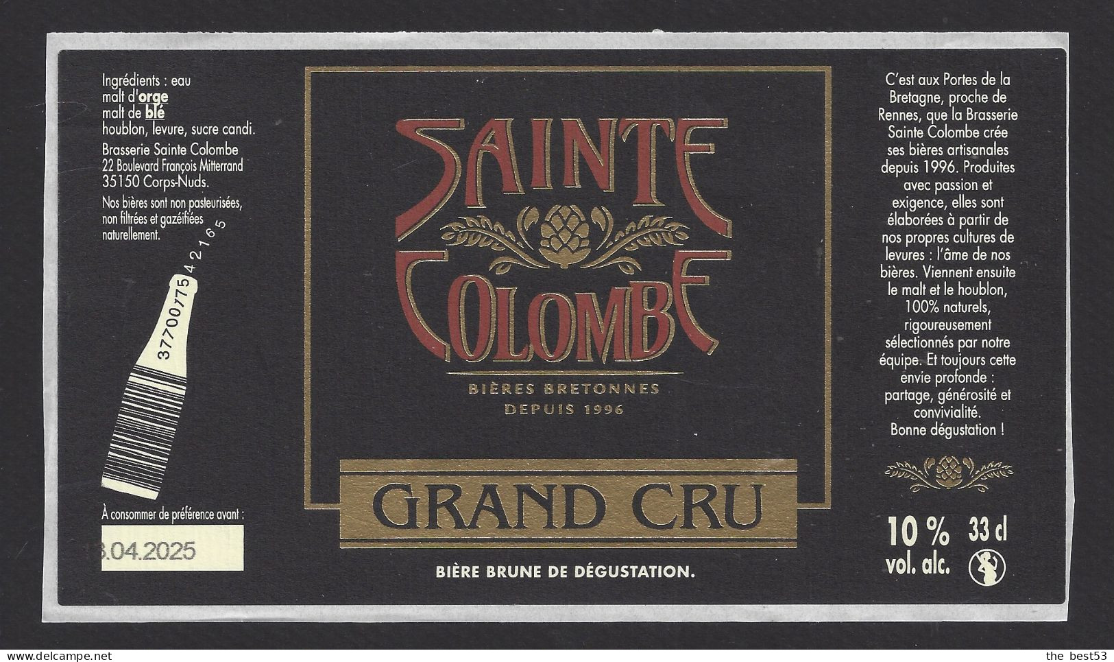 Etiquette De Bière Brune Grand Cru  -  Brasserie Sainte Colombe  à  Corps Nuds  (35) - Bier