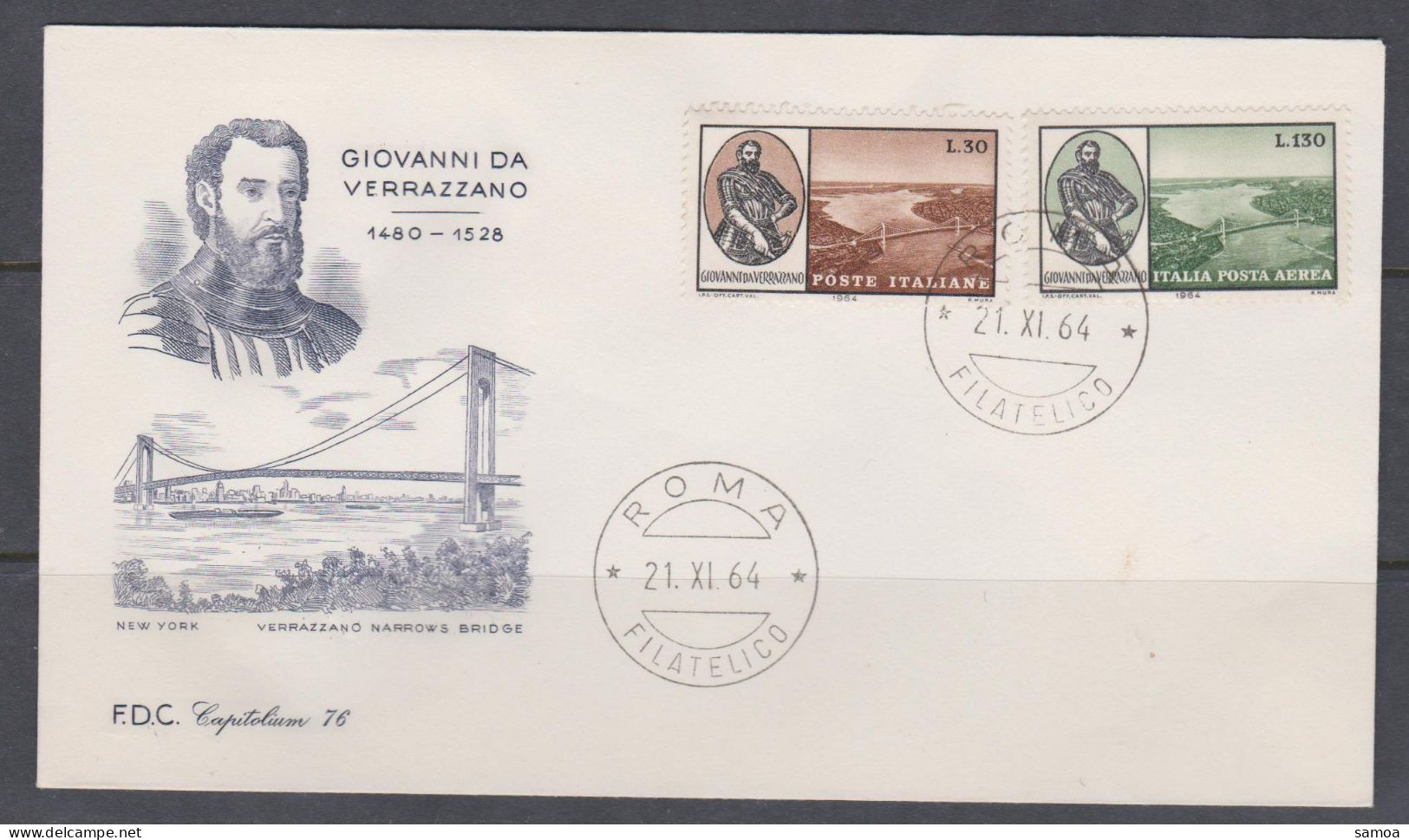 Italie FDC 1964 914 PA 144 Pont Verrazzano à New York Entre Staten Island Et Brooklyn Giovanni Verrazzano - FDC