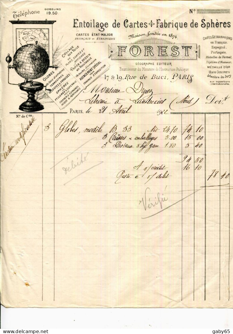 FACTURE.PARIS.ENTOILAGE DE CARTES.FABRIQUE DE SPHÈRES.FOREST GEOGRAPHE ÉDITEUR. - Altri & Non Classificati