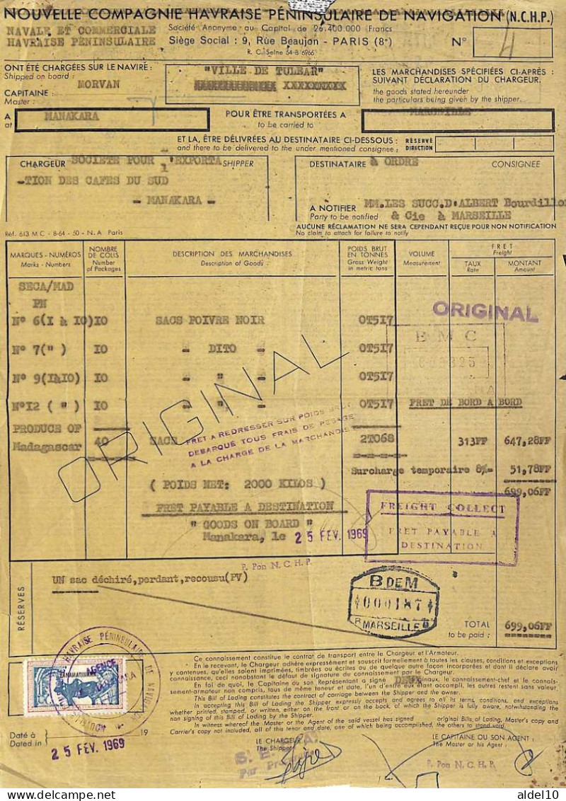 Connaissement Manakara à Marseille 1969 Avec Timbre De Contrôle - Madagascar (1960-...)