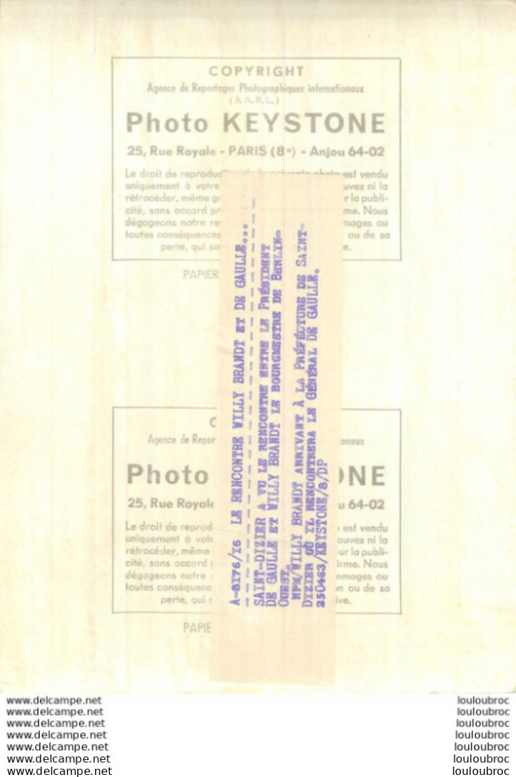 SAINT DIZIER 04/1963 RENCONTRE DE WILLY BRANDT ET DE GAULLE   PHOTO KEYSTONE 24 X 18 CM - Berühmtheiten