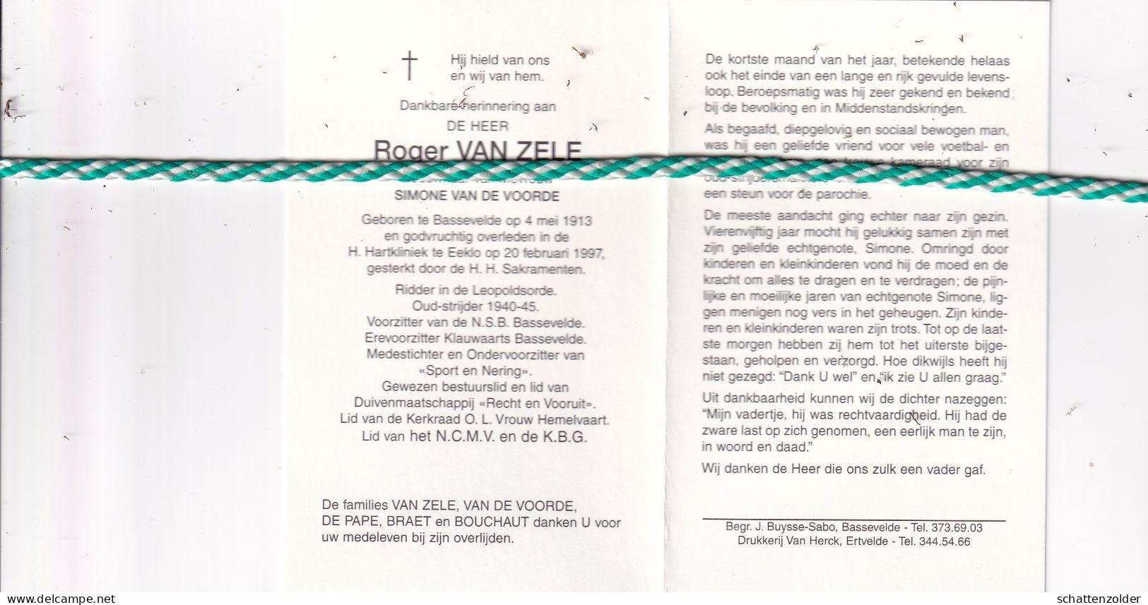 Roger Van Zele-Van De Voorde, Bassevelde 1913, Eeklo 1997. Oud-Strijder 40-45; Foto - Obituary Notices