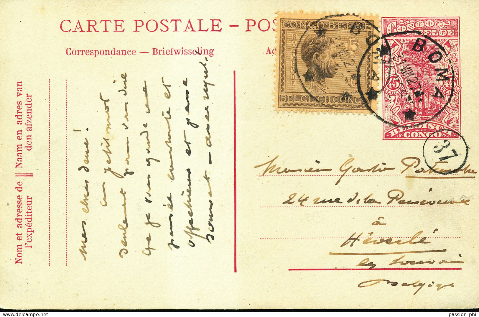 BELGIAN CONGO  PS SBEP 65 USED FROM BOMA 31.08.1927 TO HEVERLEE - Interi Postali